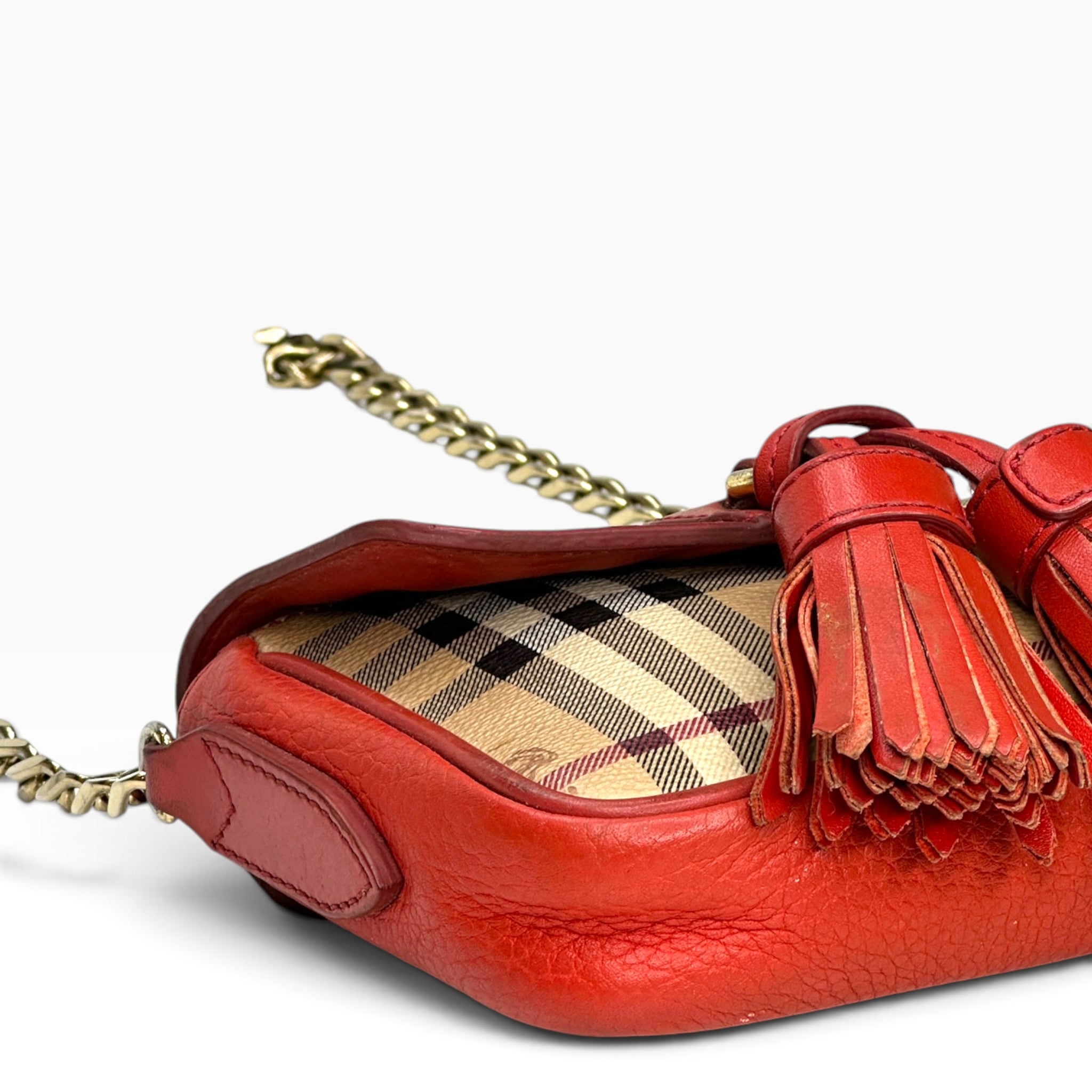 Burberry Haymarket CheckTassel Coral Crossbody Bag