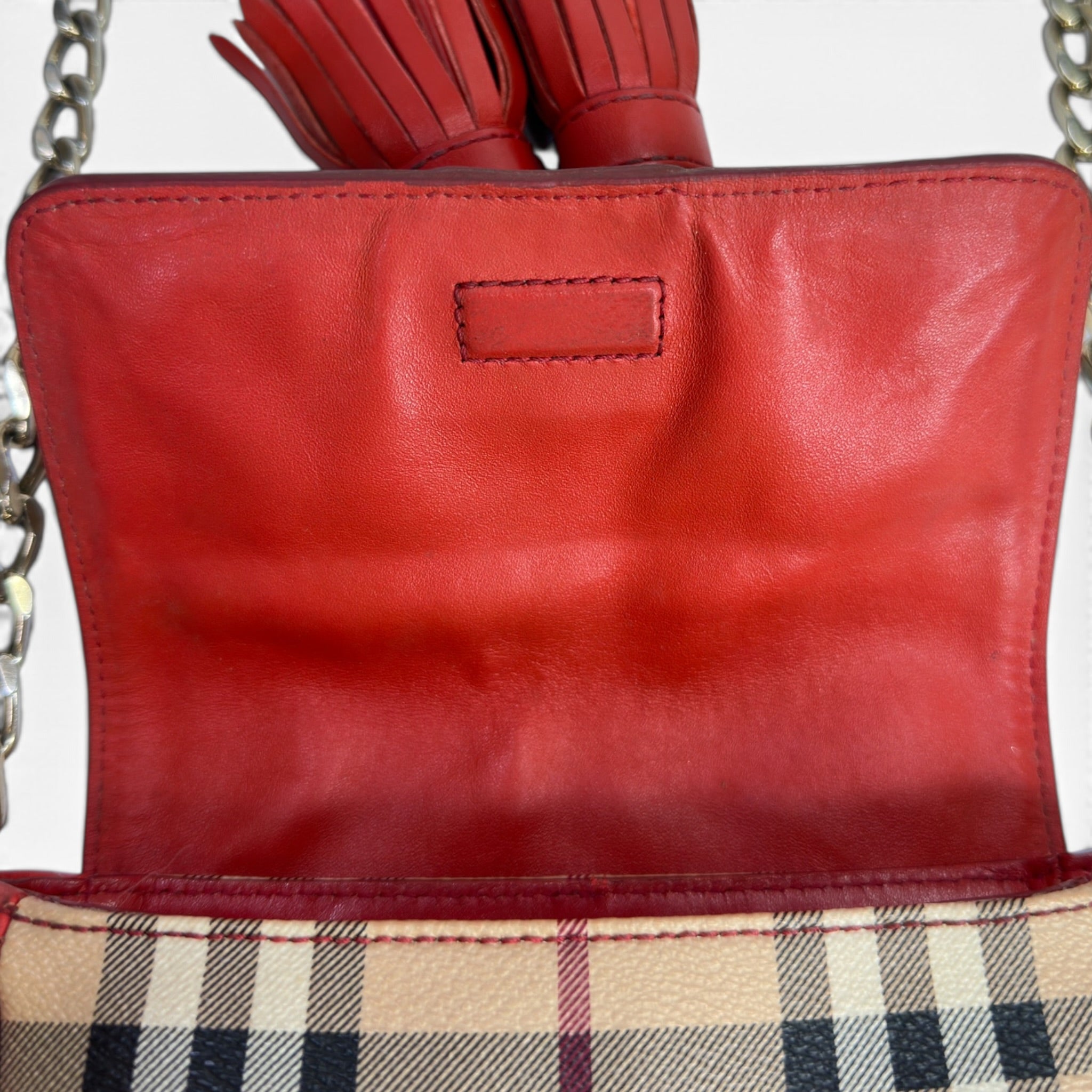 Burberry Haymarket CheckTassel Coral Crossbody Bag
