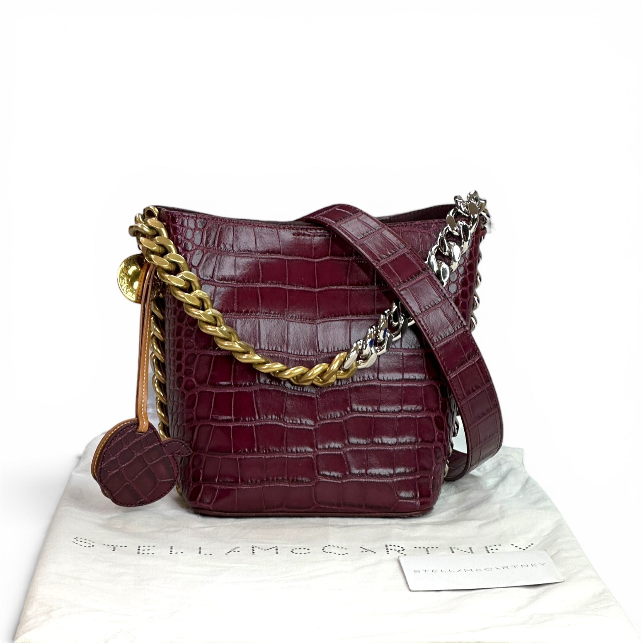 Stella McCartney Frayme Bucket Bag Burgundy Croc-Effect Embossed