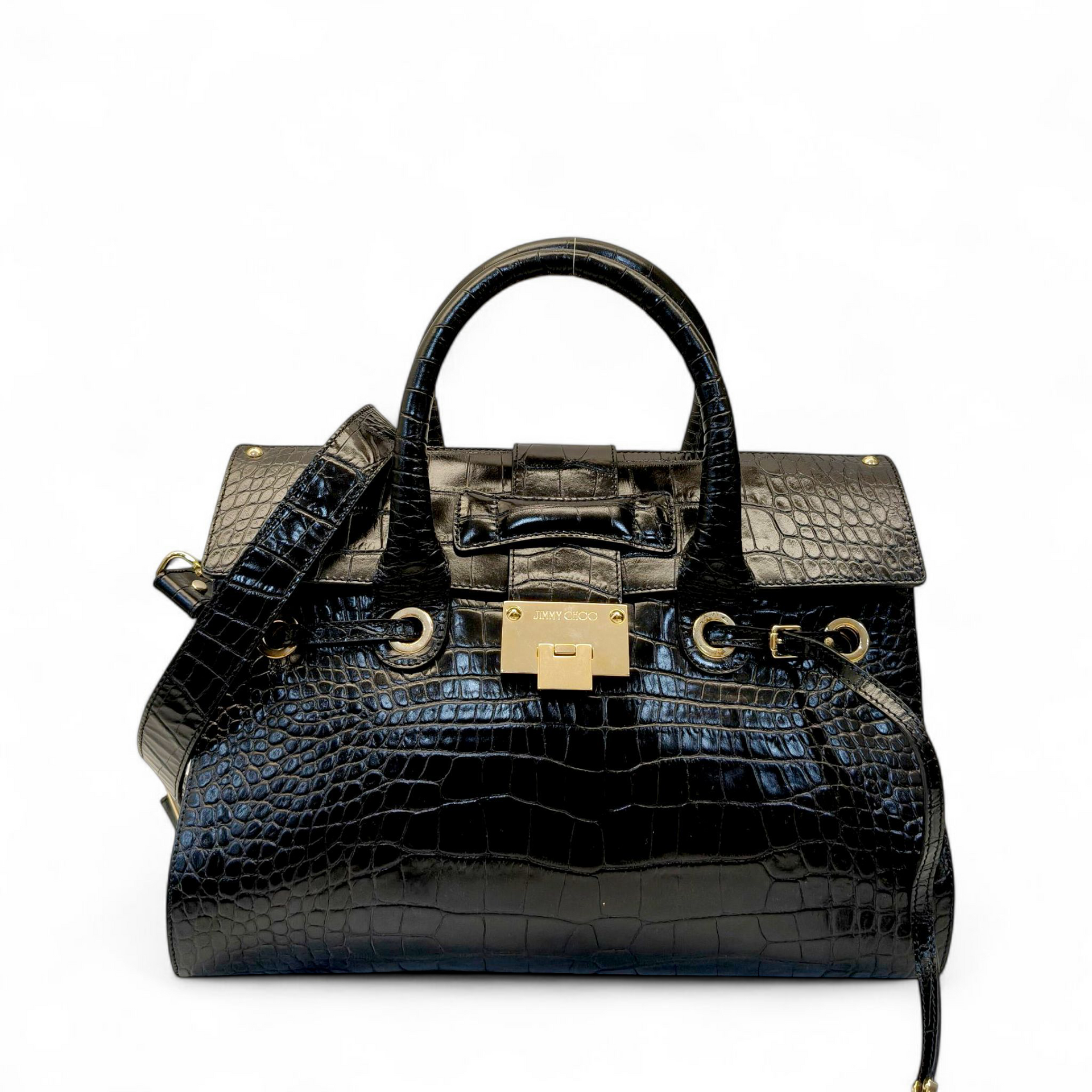 Buy Jimmy Choo Rosaile Croc Embossed Leather Black Top Handle Bag