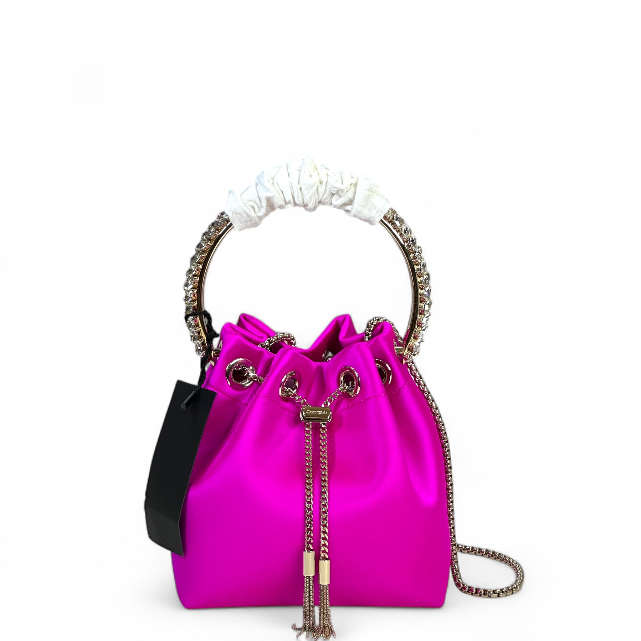 Jimmy Choo Bon Bon Bucket Bag Mini Fuchsia Satin Crystal Embellished