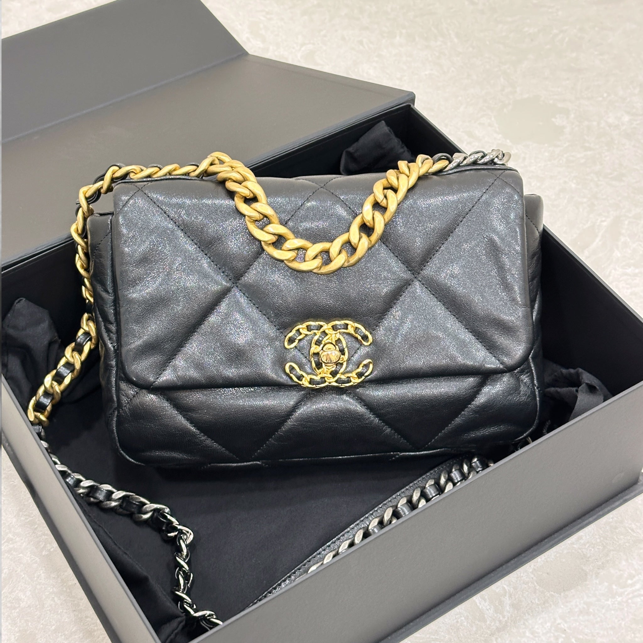 Chanel 19 Small Black Lamb skin Flap Bag