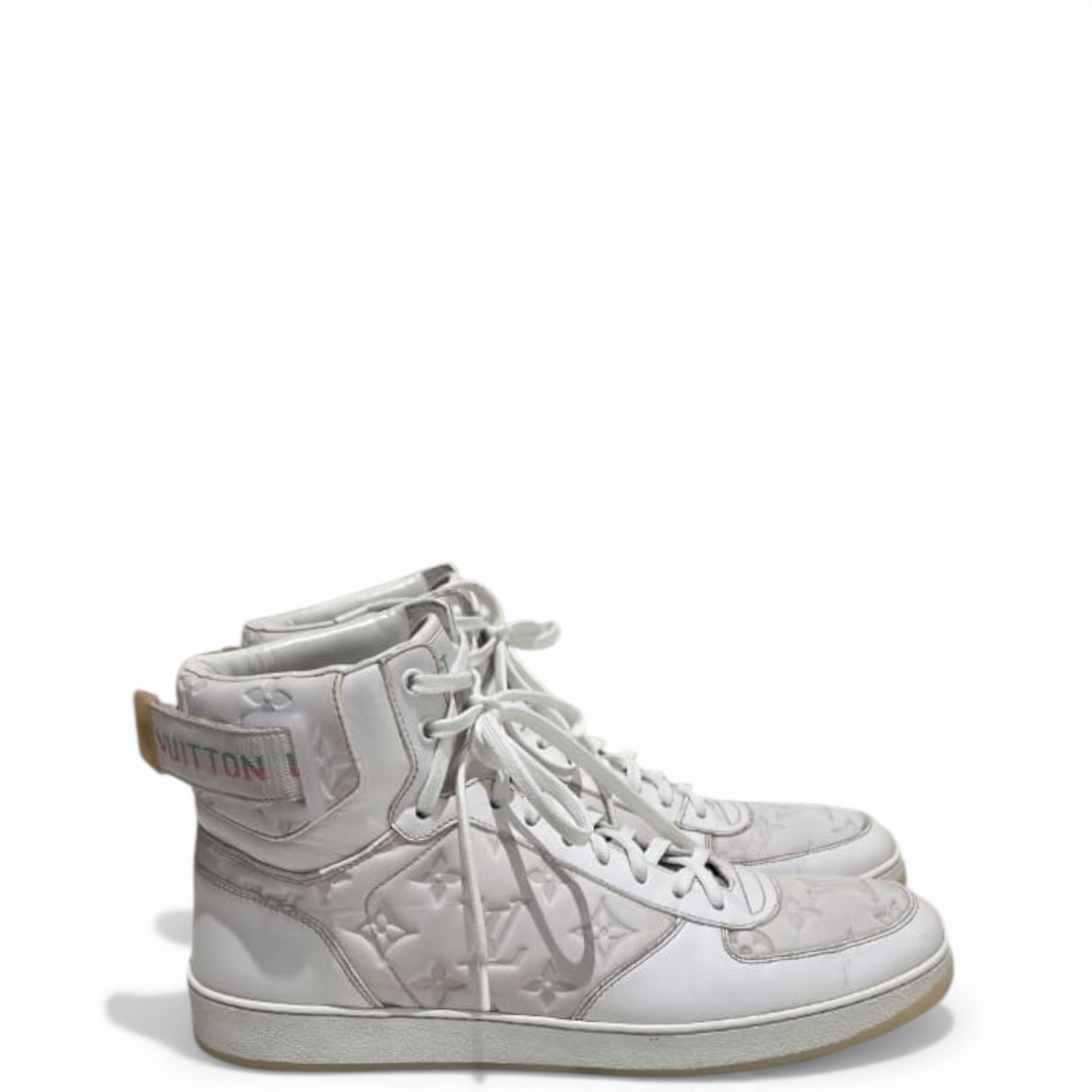 Louis Vuitton Rivoli Monogram Hi-Top Sneakers White Leather UK 8