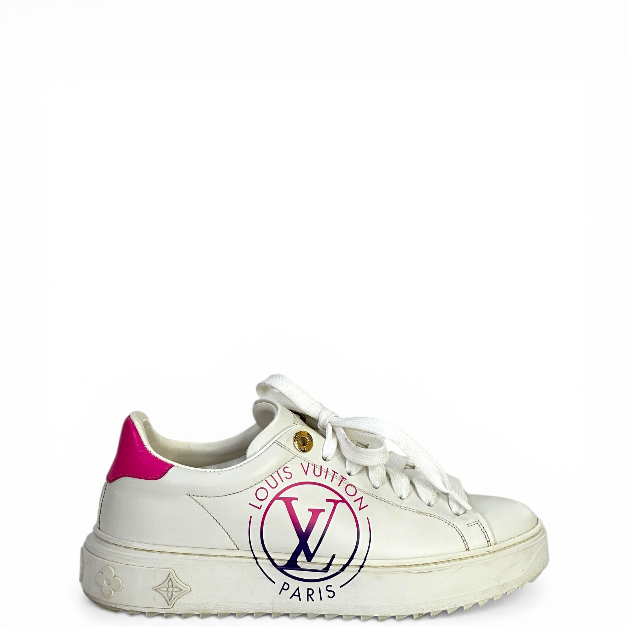 Louis Vuitton Time Out Sneakers White Calf Leather Fuchsia Pink Heel Size 37