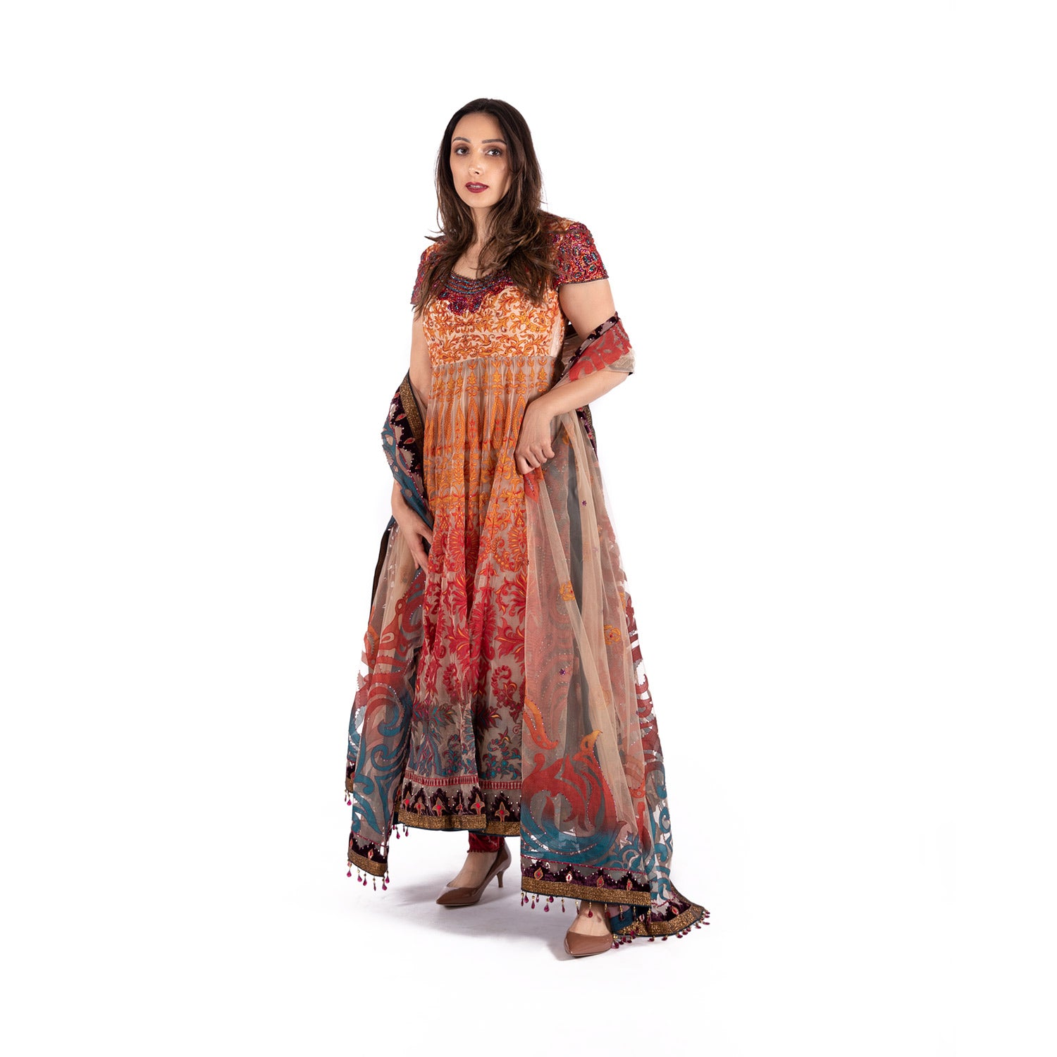 Tarun Tahiliani Orange Multicolored Net Anarkali