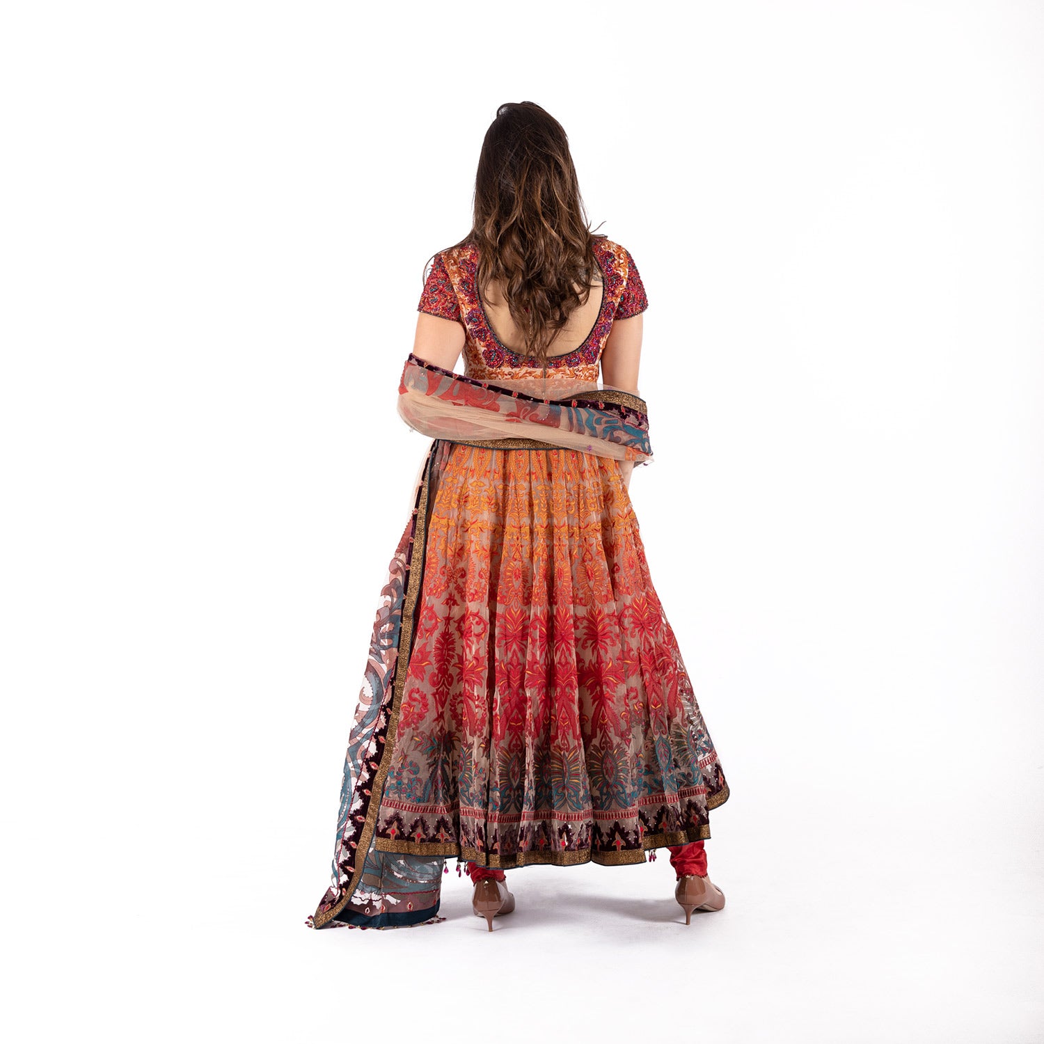 Tarun Tahiliani Orange Multicolored Net Anarkali