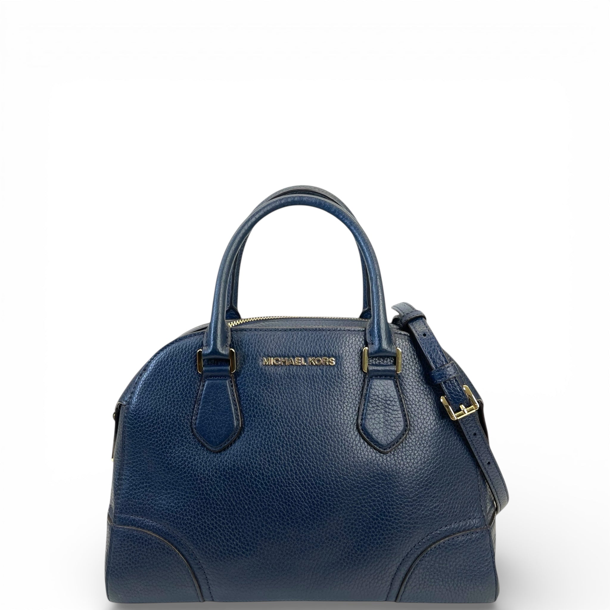 Michael Kors Hattie Satchel Bowling Bag Navy Blue Pebbled Leather