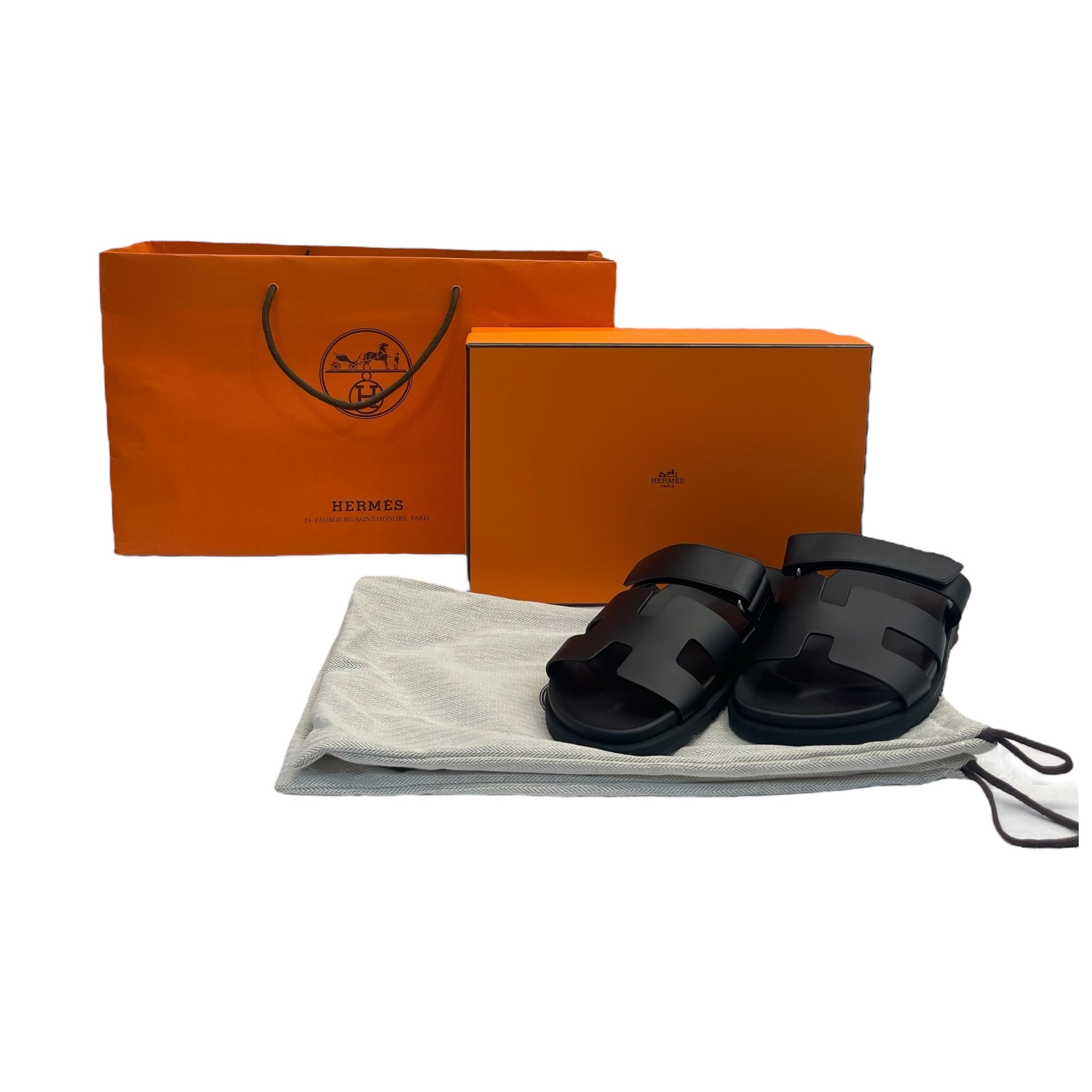 Hermes Noir Leather Chypre Sandals - Size EU 40