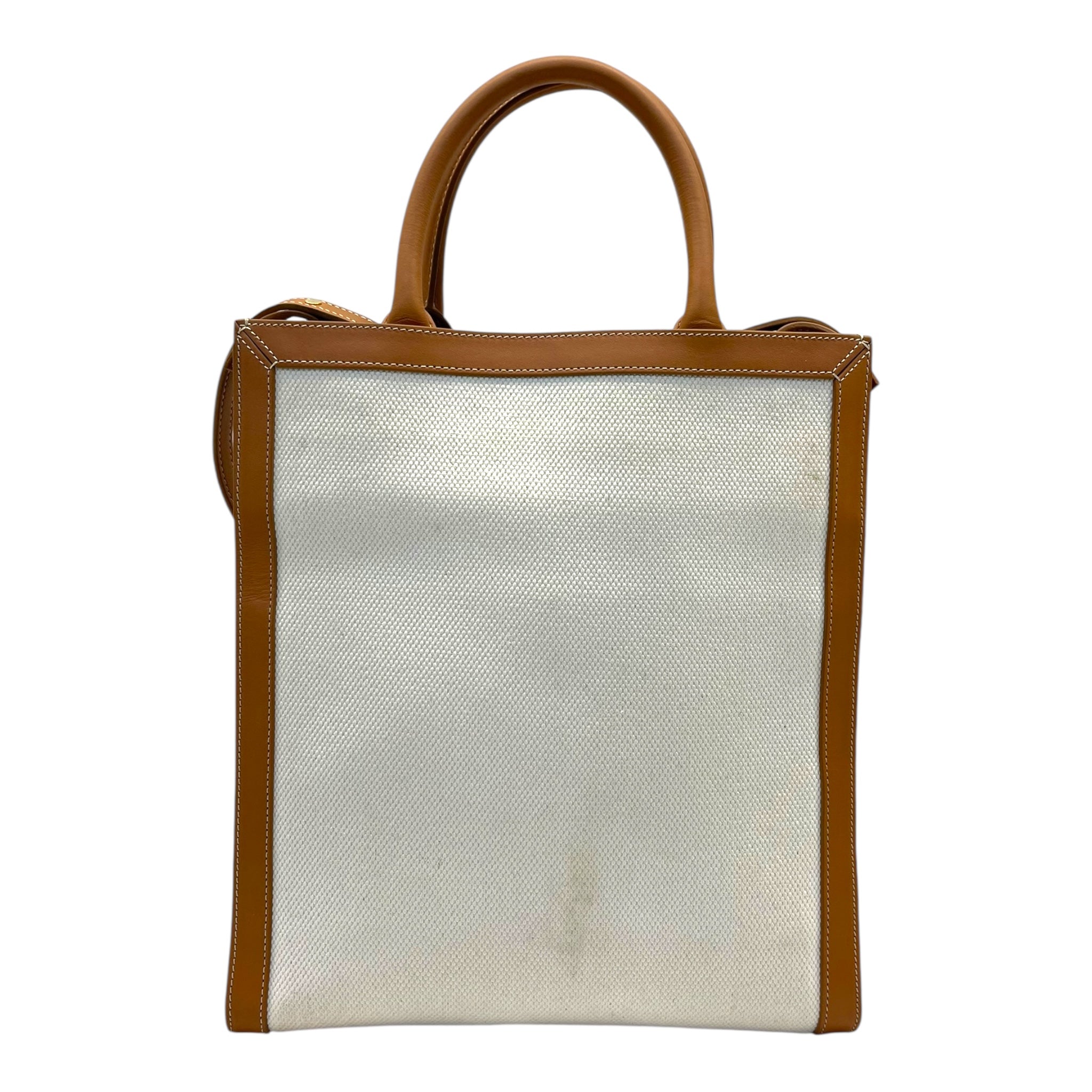 Celine Camel/Off-White Leather and Canvas Vertical Cabas Tote Bag