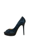 Jimmy Choo Dahlia Peep Toe Platform Pumps Blue/Black Coarse Glitter EU 38