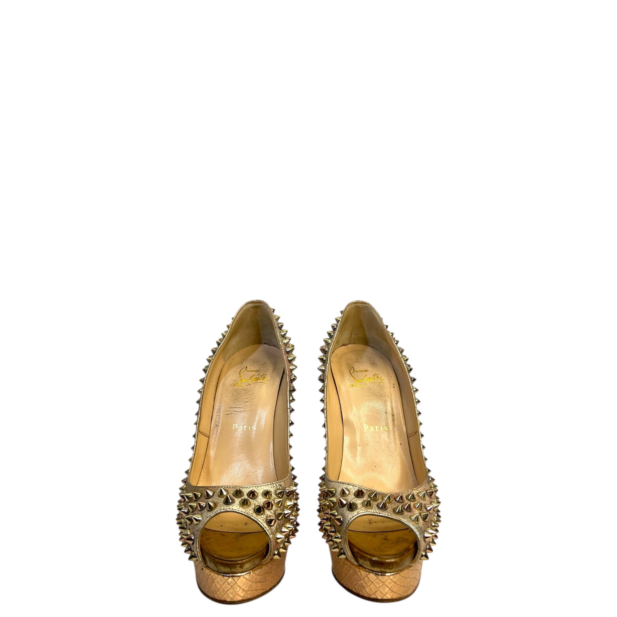 Christian Louboutin Lady Peep Toe Spikes Gold Python Leather Platform Pumps EU 38