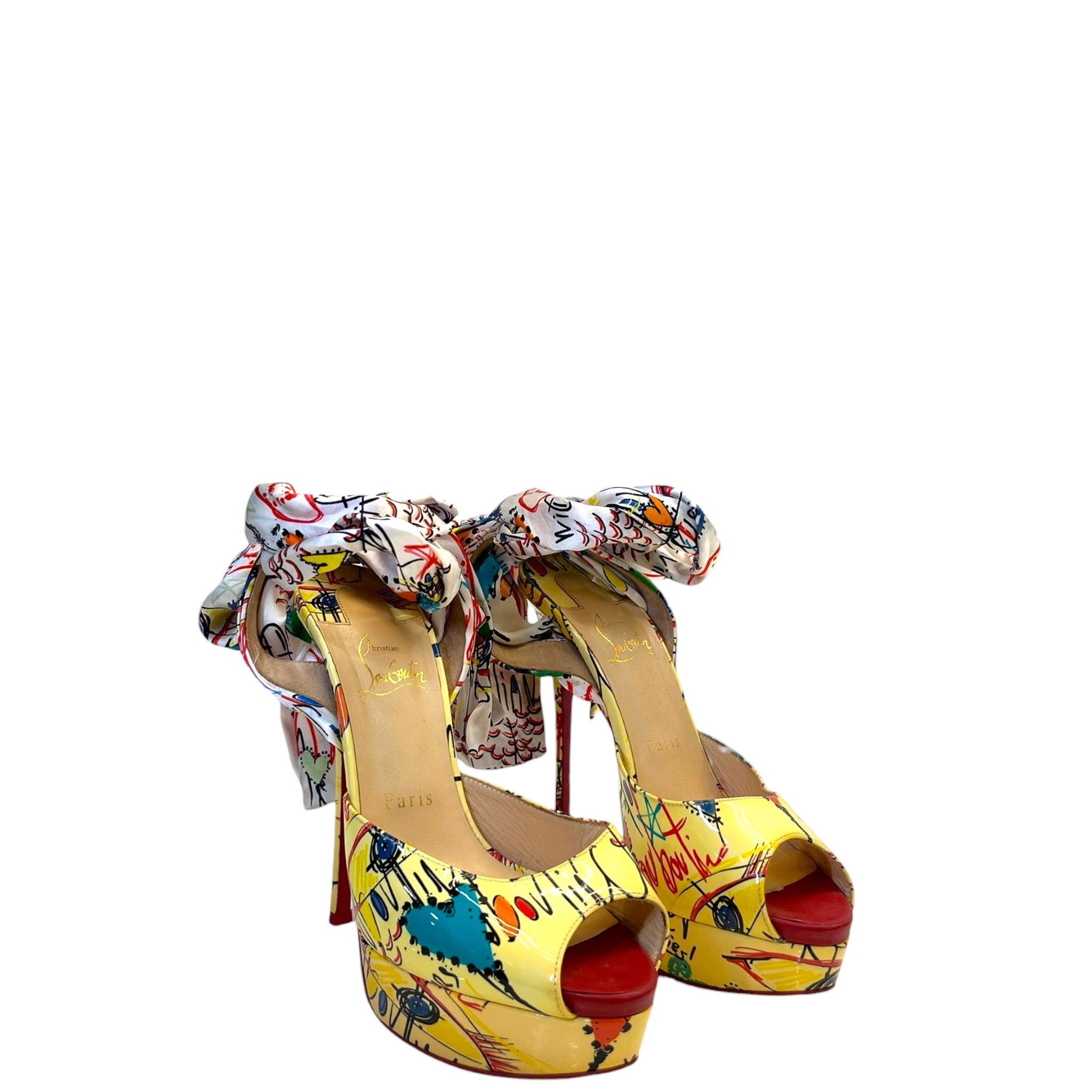 Christian Louboutin Multicolor and Satin Jersey Vamp Graffiti Platform Pumps EU 38.5