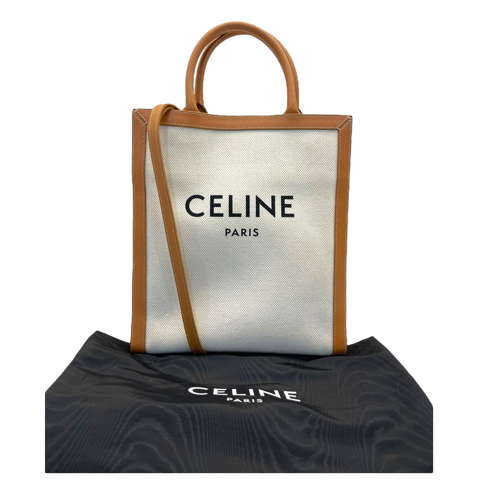 Celine Camel/Off-White Leather and Canvas Vertical Cabas Tote Bag