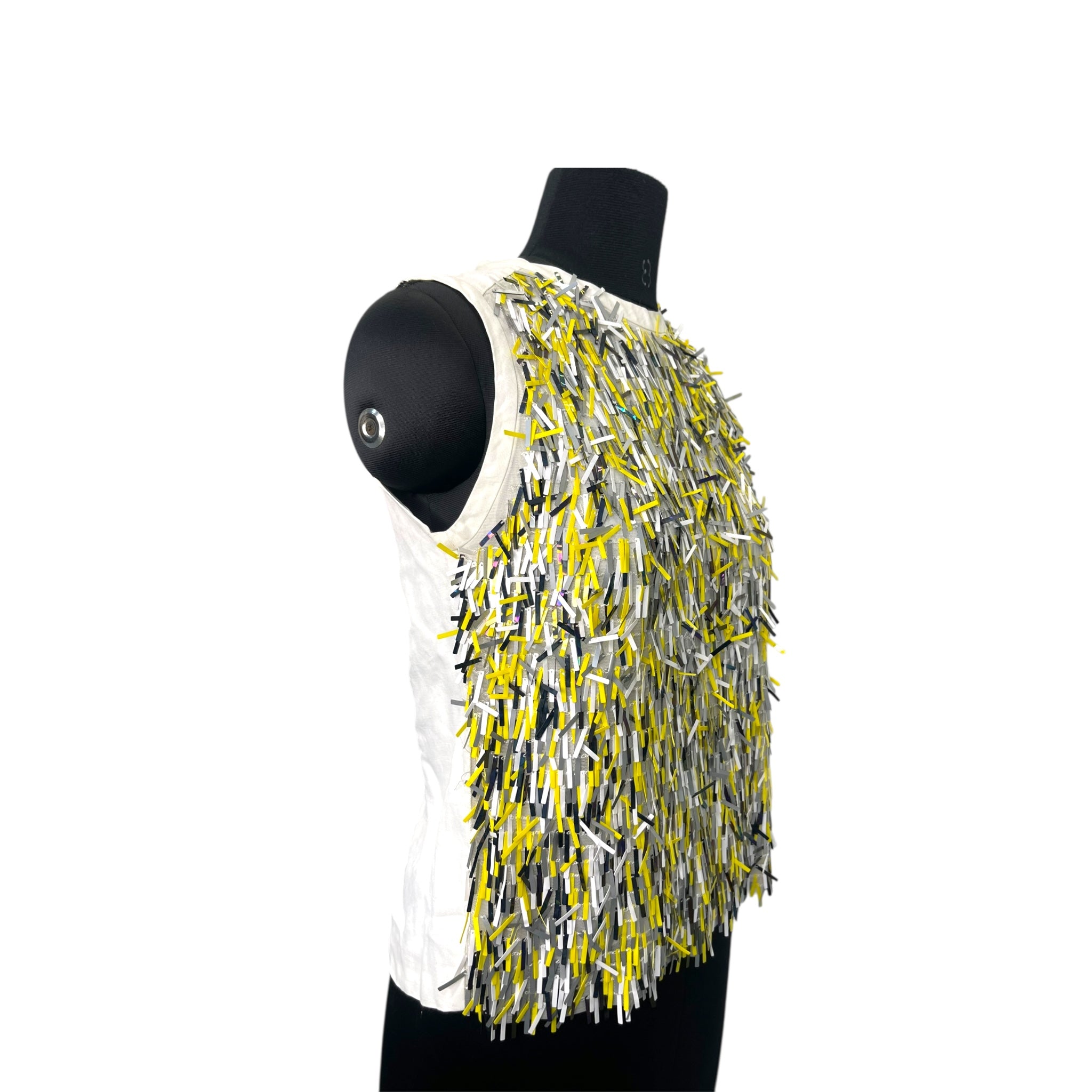 Sandro Yellow Sequin Fringe Embellished Mesh Sleeveless Size S