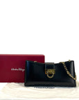 Salvatore Ferragamo Trifolio Black Leather Shoulder Bag Gold-tone Gancini Clasp