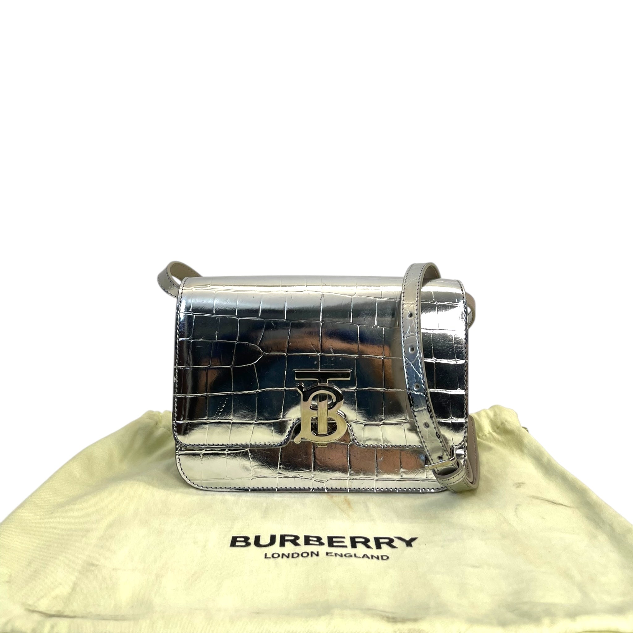 Burberry TB Small Silver Croc Embossed Shoulder Bag