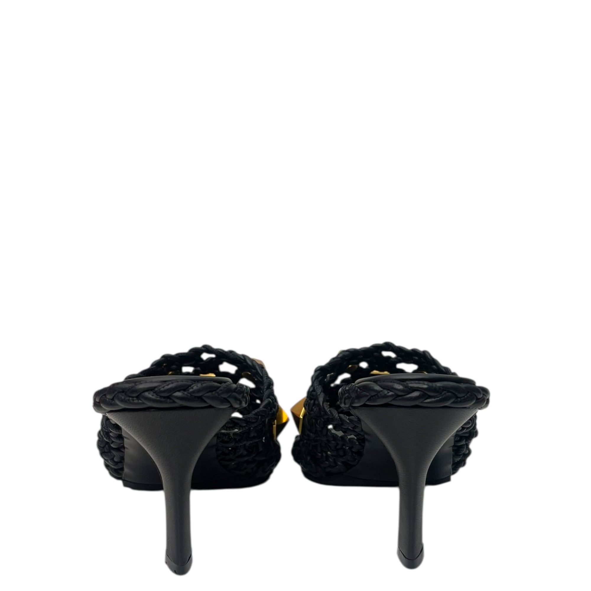 Valentino Garavani Black Braided Roman Stud Slide Sandals EU 40.5