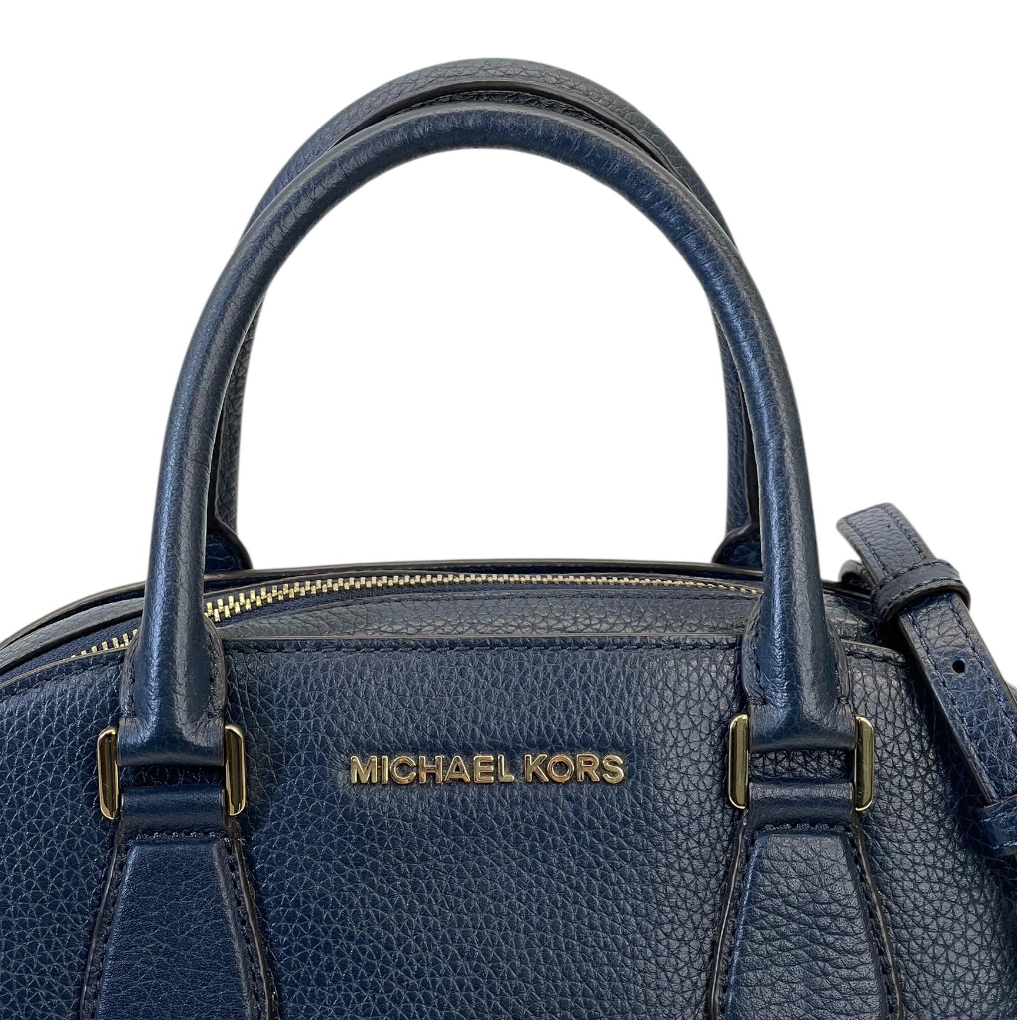 Michael Kors Hattie Satchel Bowling Bag Navy Blue Pebbled Leather