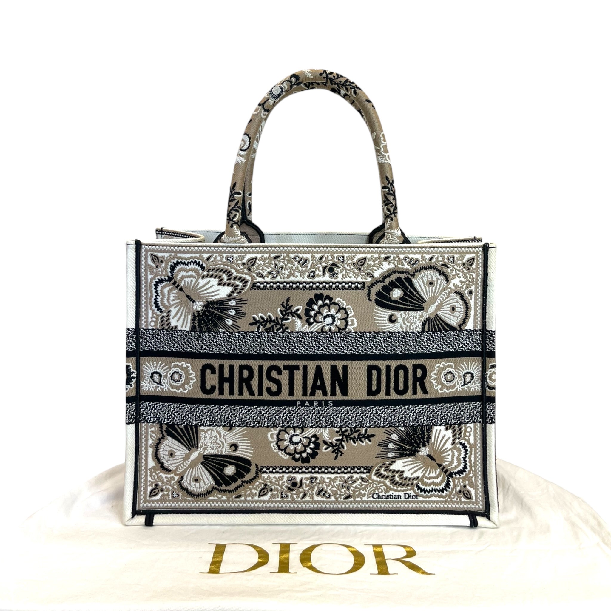 Christian Dior Medium Book Tote Bag Beige Butterfly Bandana Embroidery