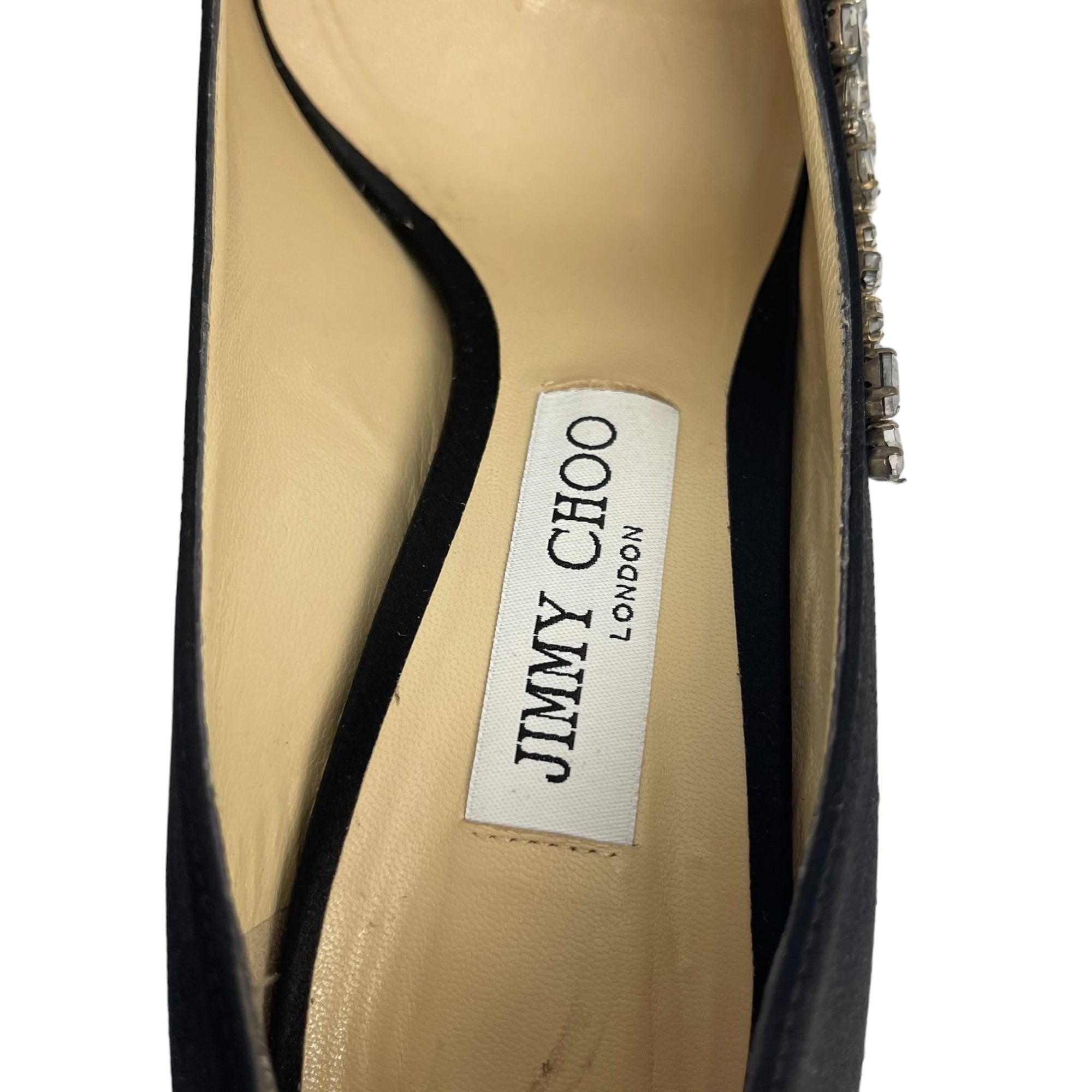 Jimmy Choo Black Satin Love Crystal Embellished Pointed Toe Pumps Size EU 39