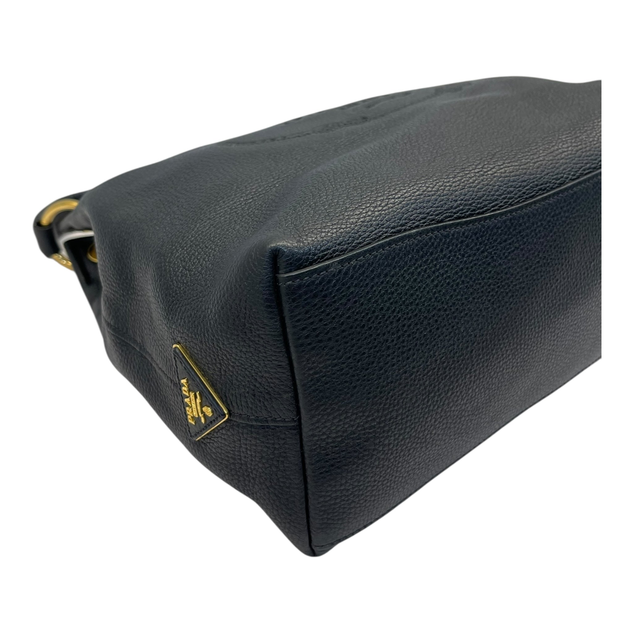 Prada Vitello Phenix Black Leather Embossed Logo Hobo Tote Bag