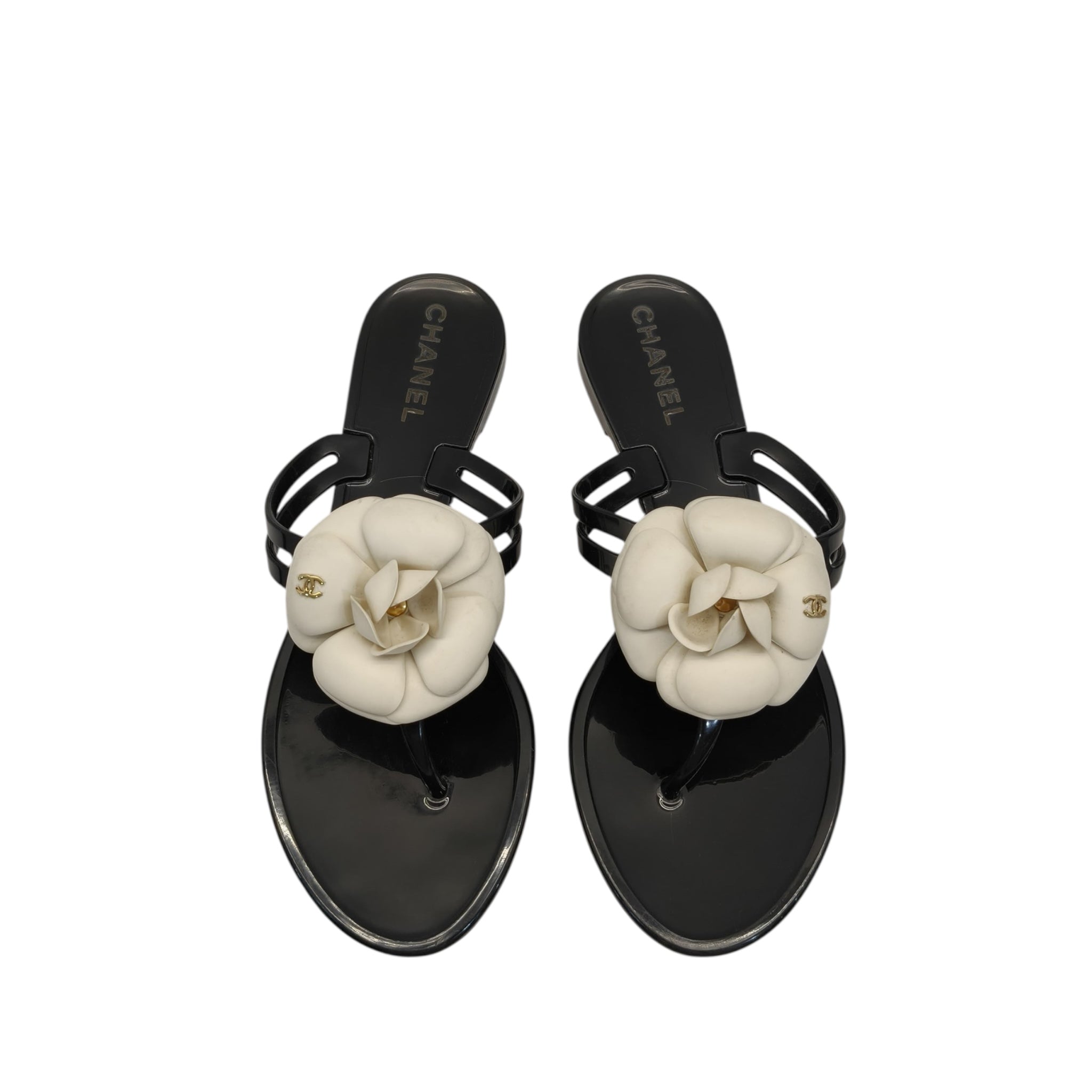 Chanel Cream/Black Jelly Camellia Thong Sandals EU 36