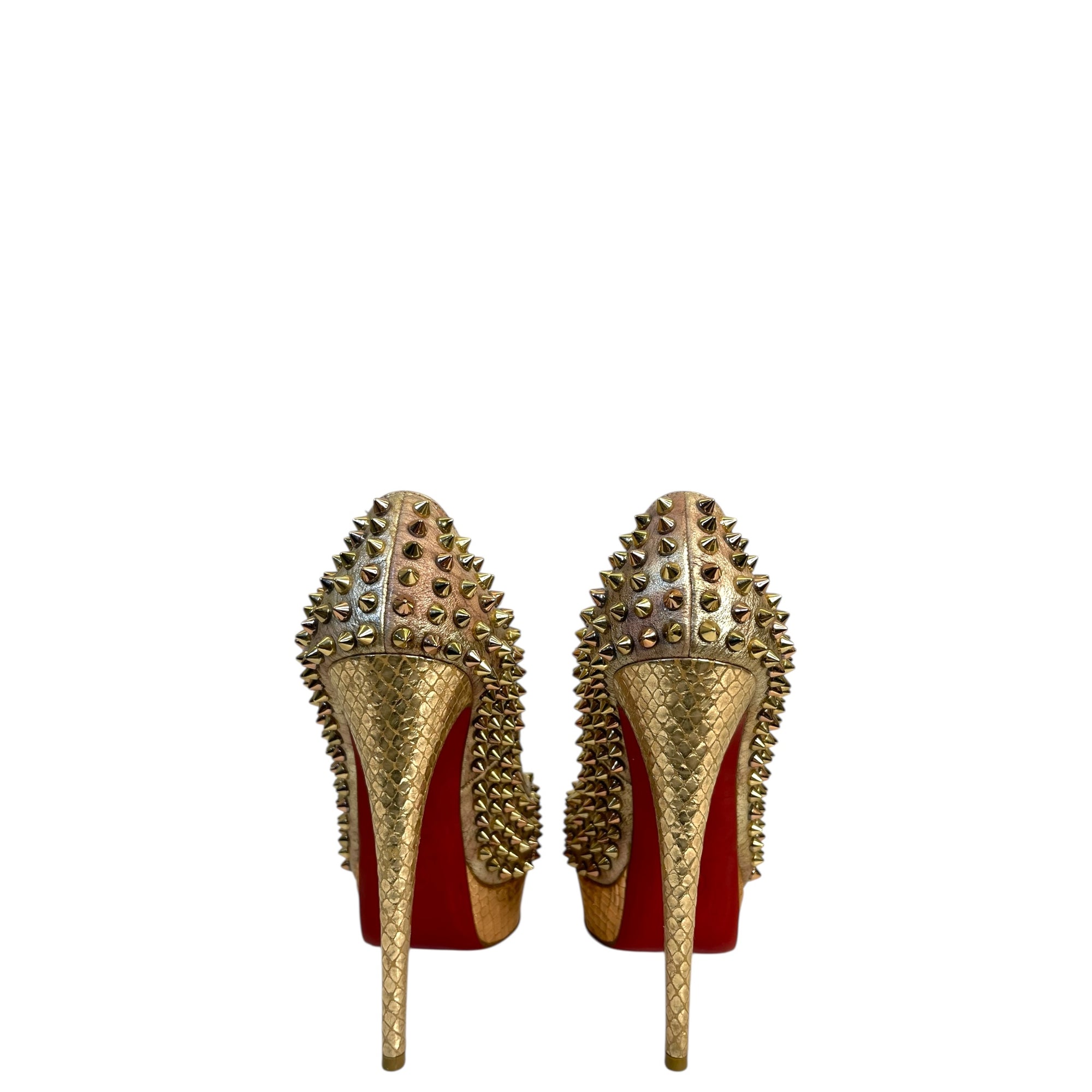 Christian Louboutin Lady Peep Toe Spikes Gold Python Leather Platform Pumps EU 38
