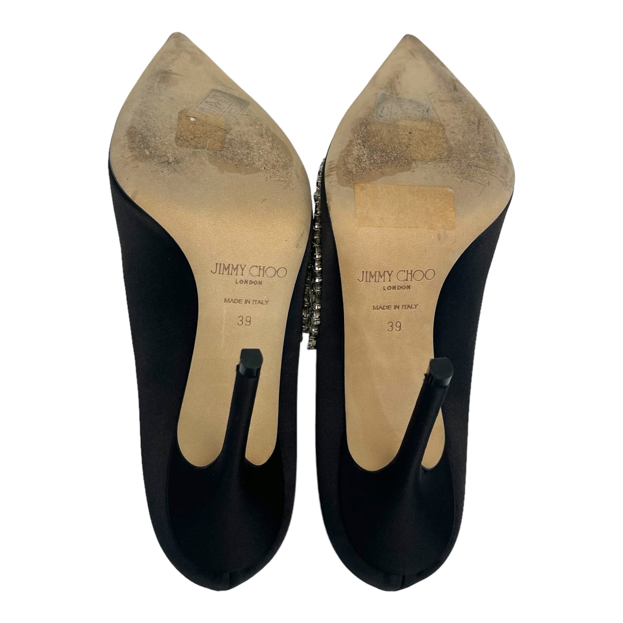 Jimmy Choo Black Satin Love Crystal Embellished Pointed Toe Pumps Size EU 39