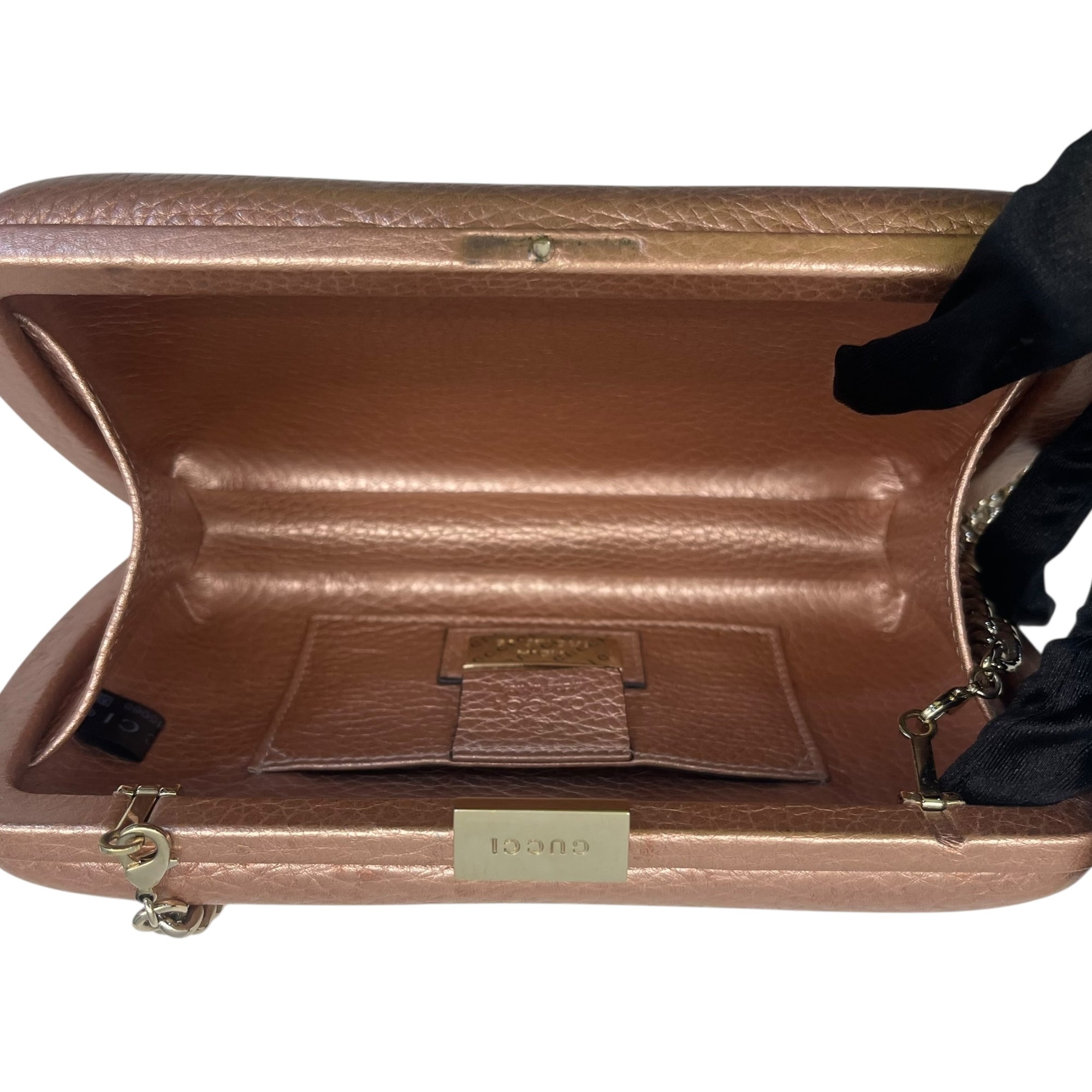 Gucci Gold Pebbled Calfskin Leather Soho Hard Case Clutch Bag