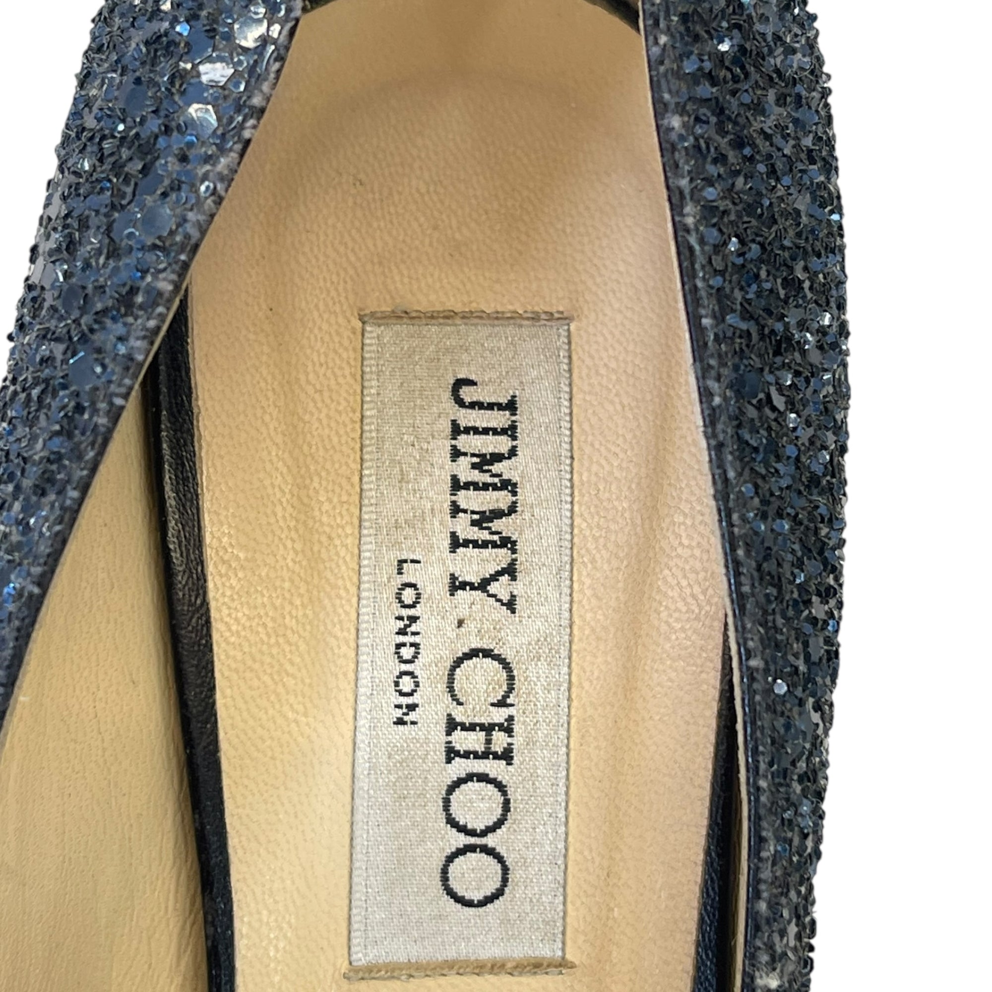 Jimmy Choo Dahlia Peep Toe Platform Pumps Blue/Black Coarse Glitter EU 38