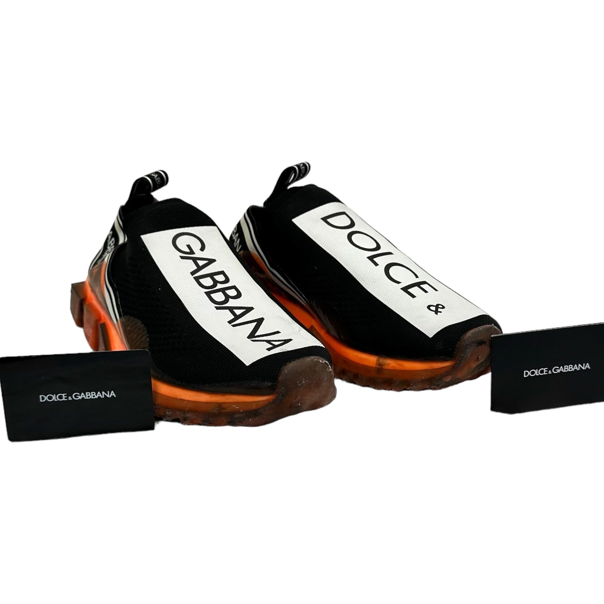 Dolce &amp; Gabbana Black/Orange Stretch Jersey Logo Print Slip On Sneakers Size EU 42