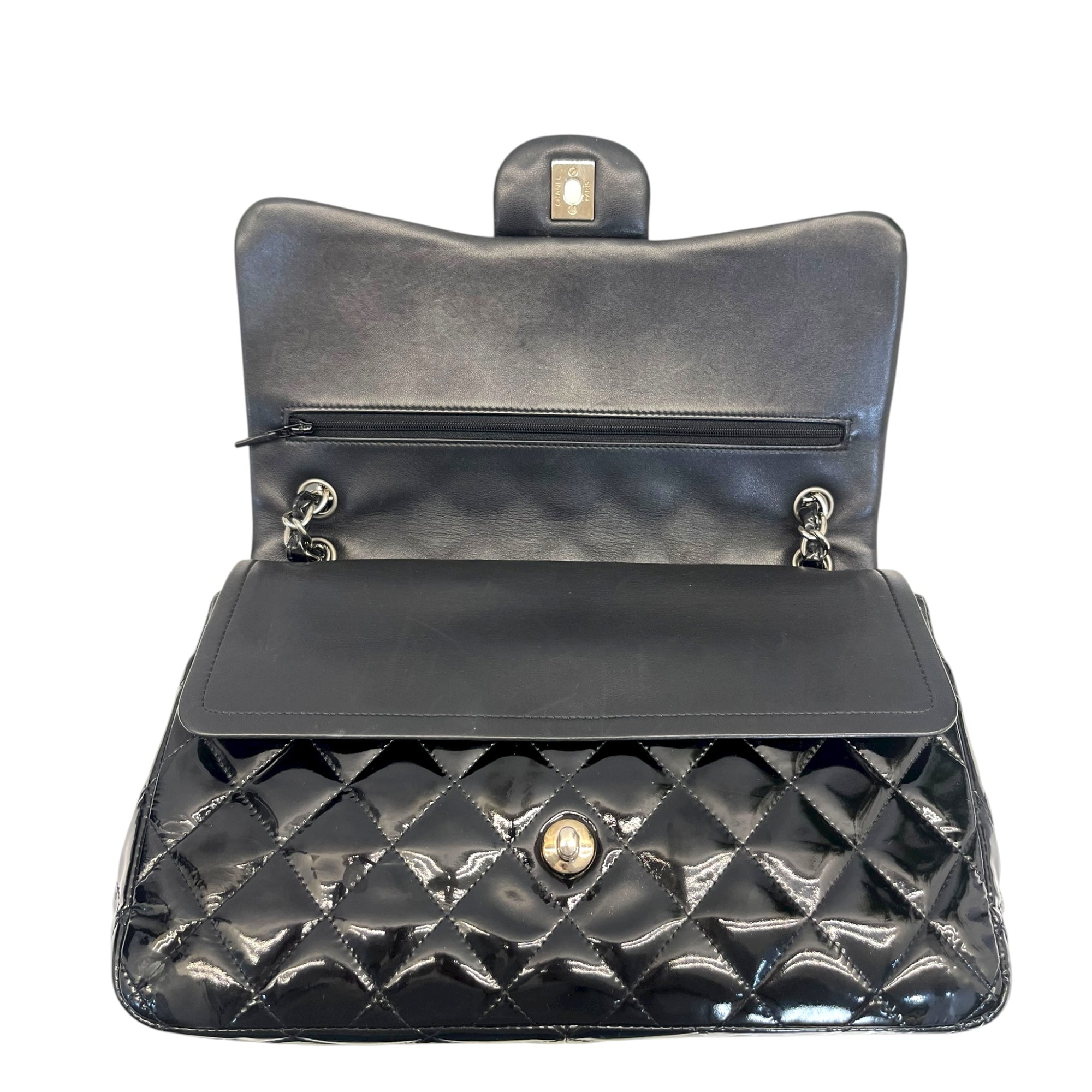Chanel Black Quilted Patent Leather Large Classic Double Flap Bag
