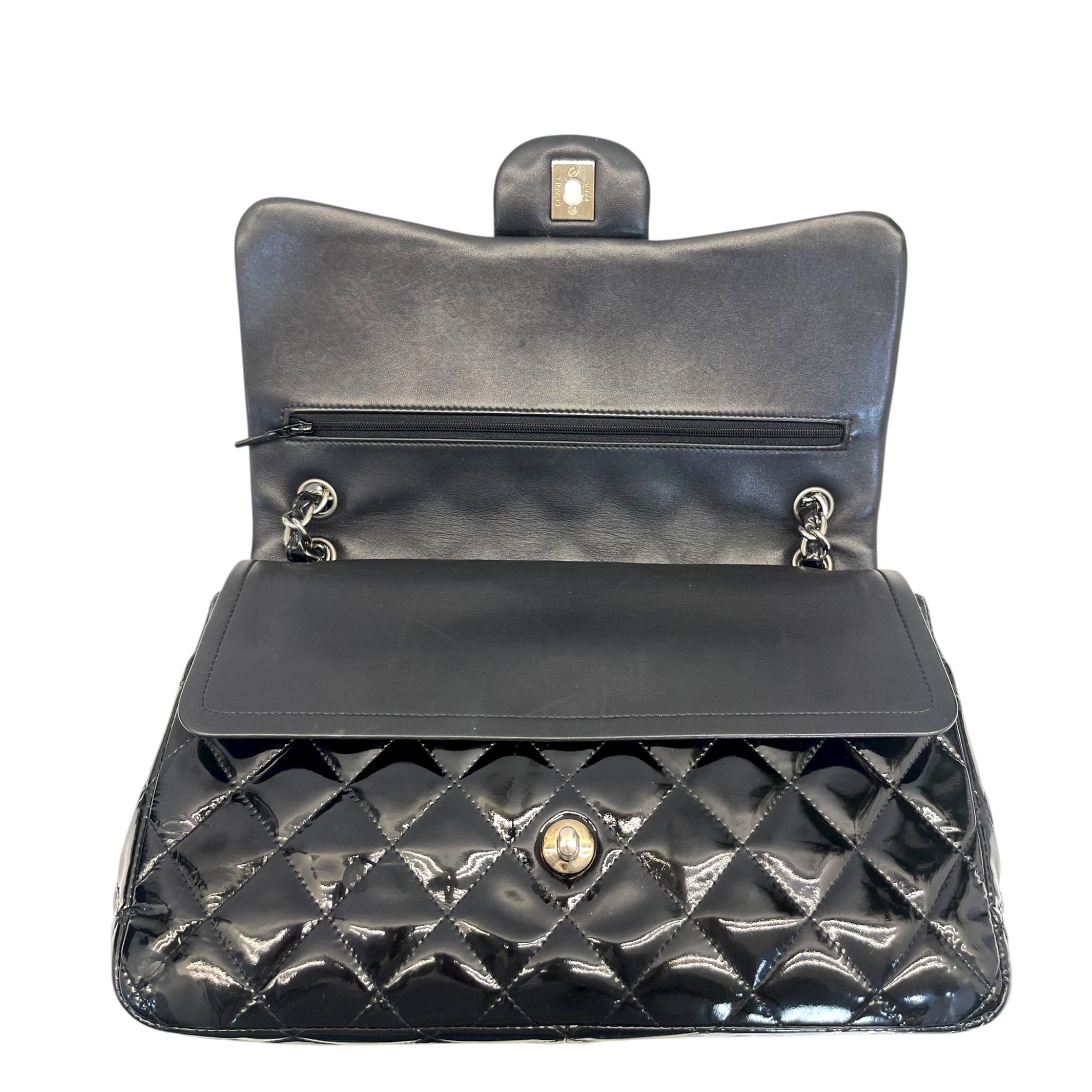 Chanel Black Quilted Patent Leather Large Classic Double Flap Bag