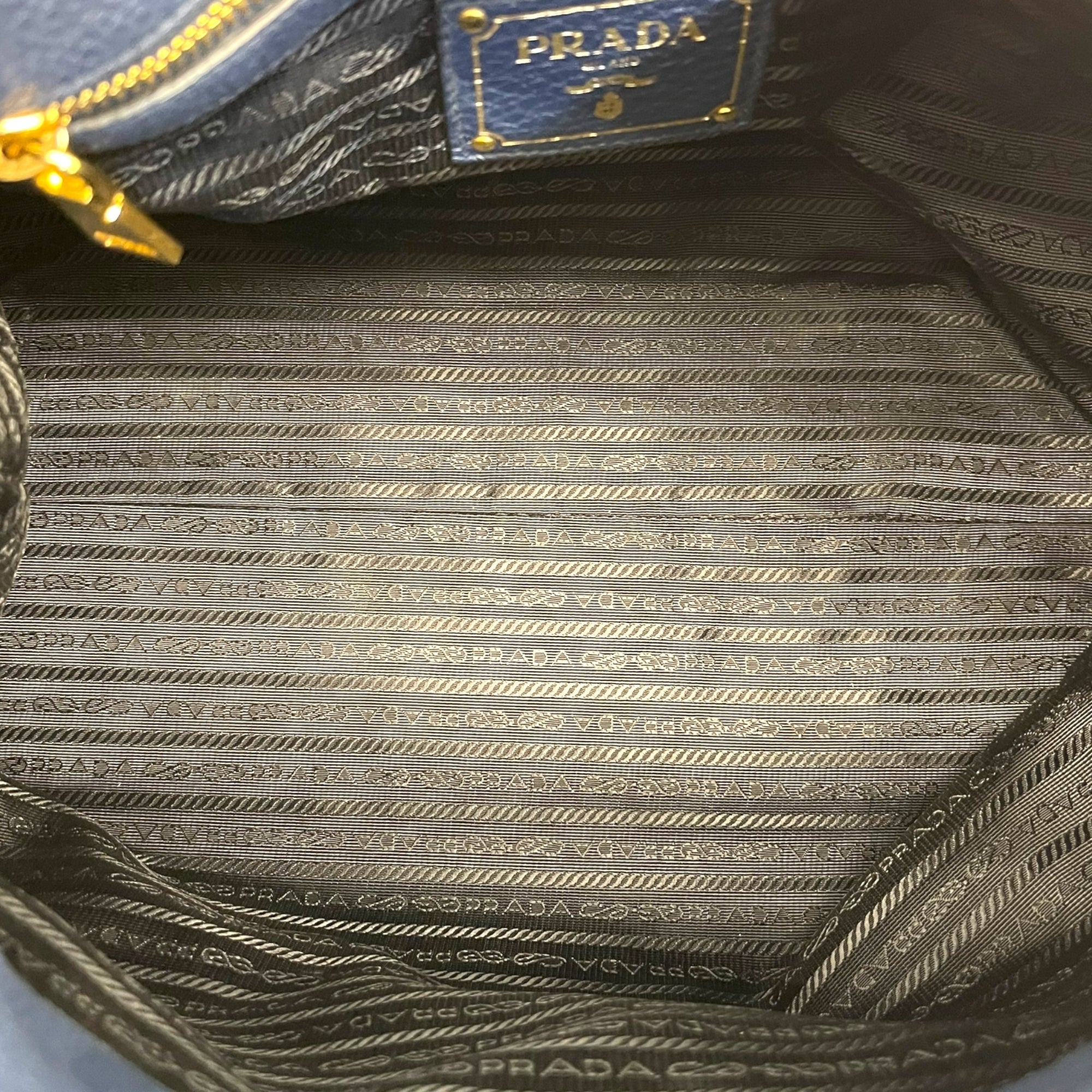 Prada Vitello Phenix Blue Leather Embossed Logo Hobo Tote Bag