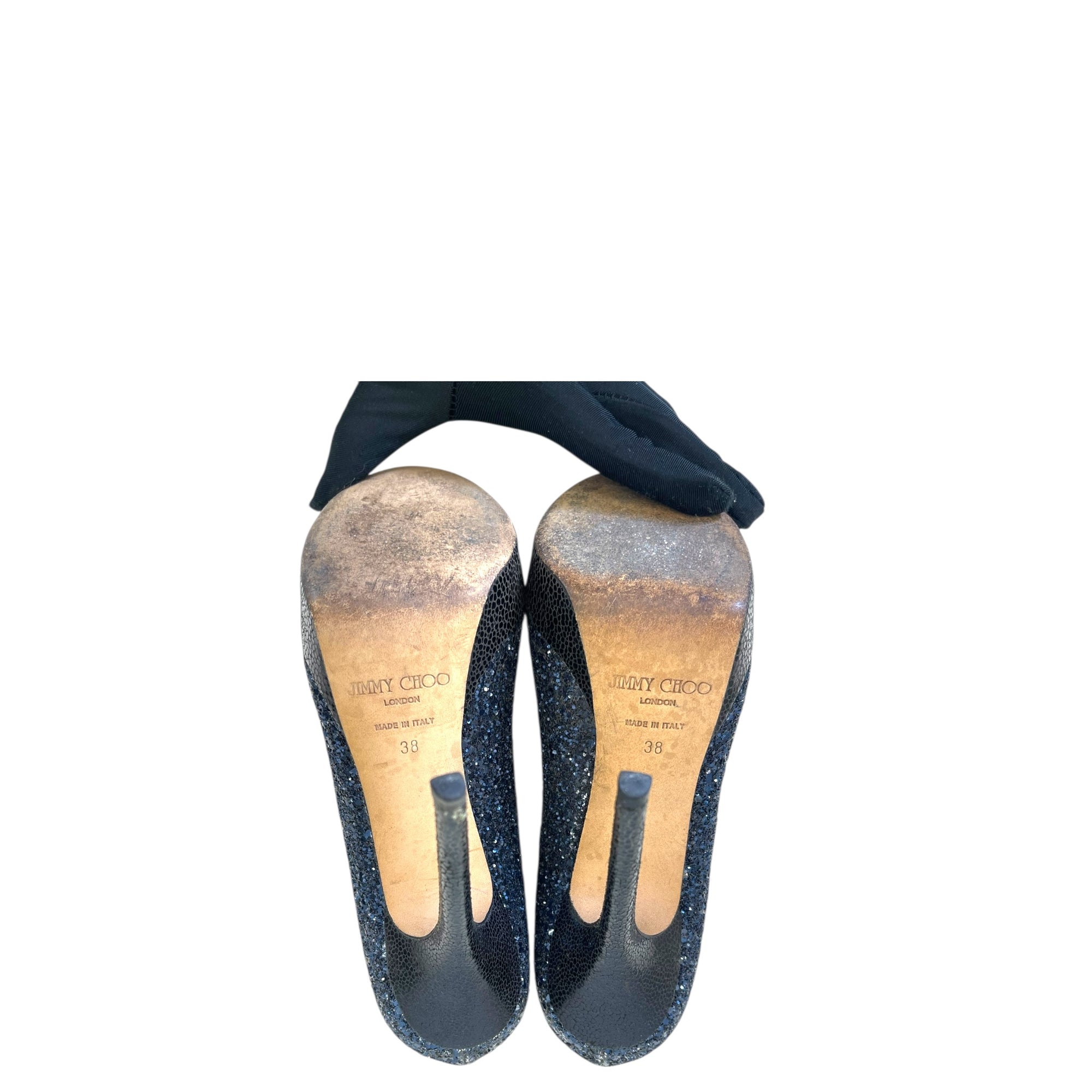 Jimmy Choo Dahlia Peep Toe Platform Pumps Blue/Black Coarse Glitter EU 38