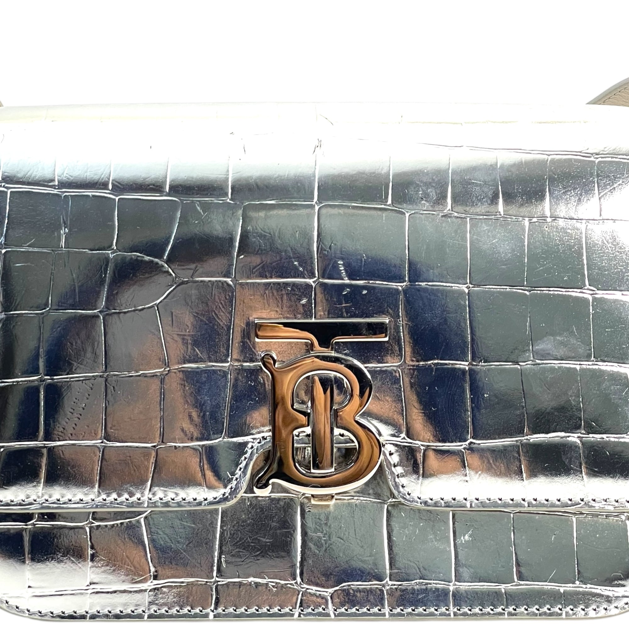 Burberry TB Small Silver Croc Embossed Shoulder Bag