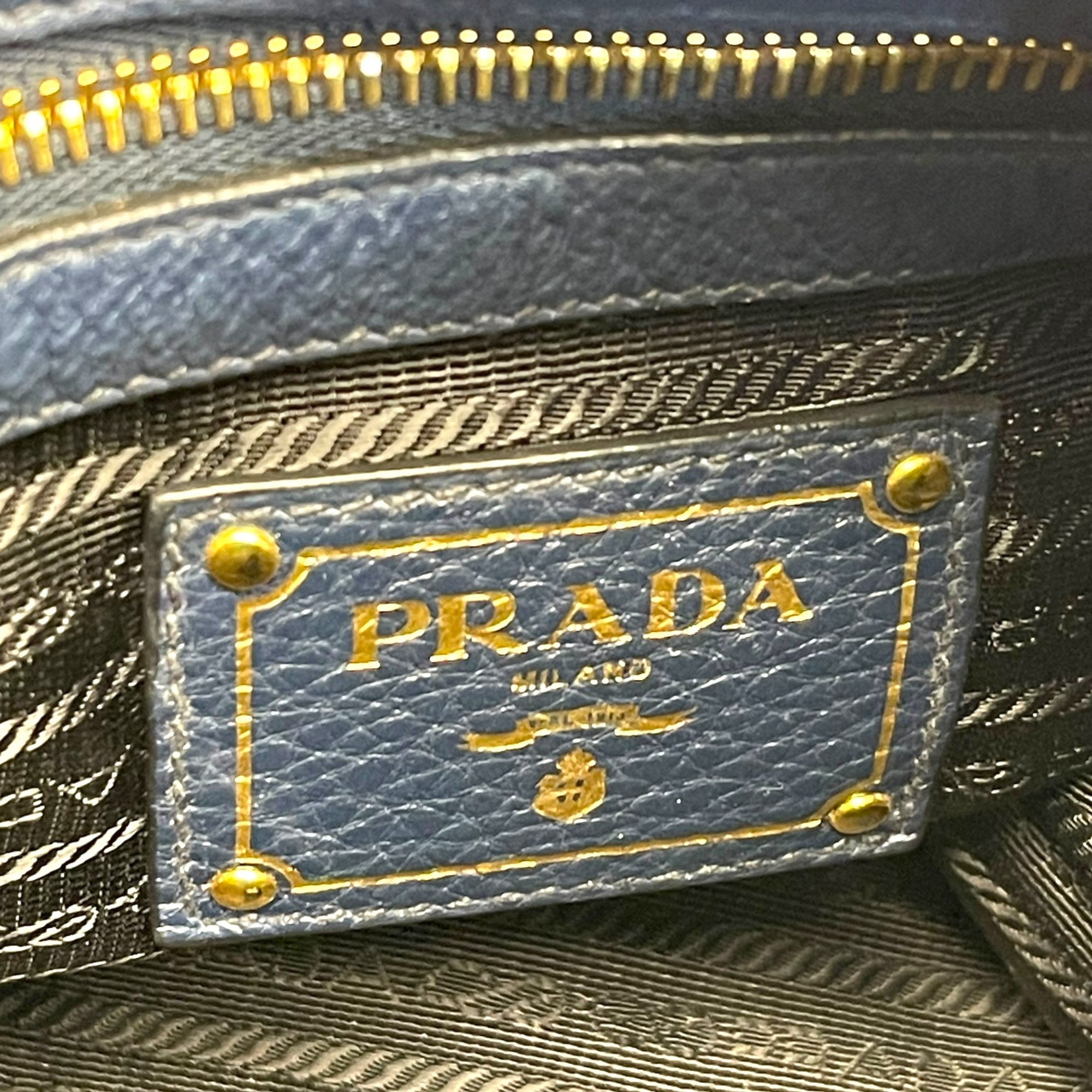 Prada Vitello Phenix Blue Leather Embossed Logo Hobo Tote Bag