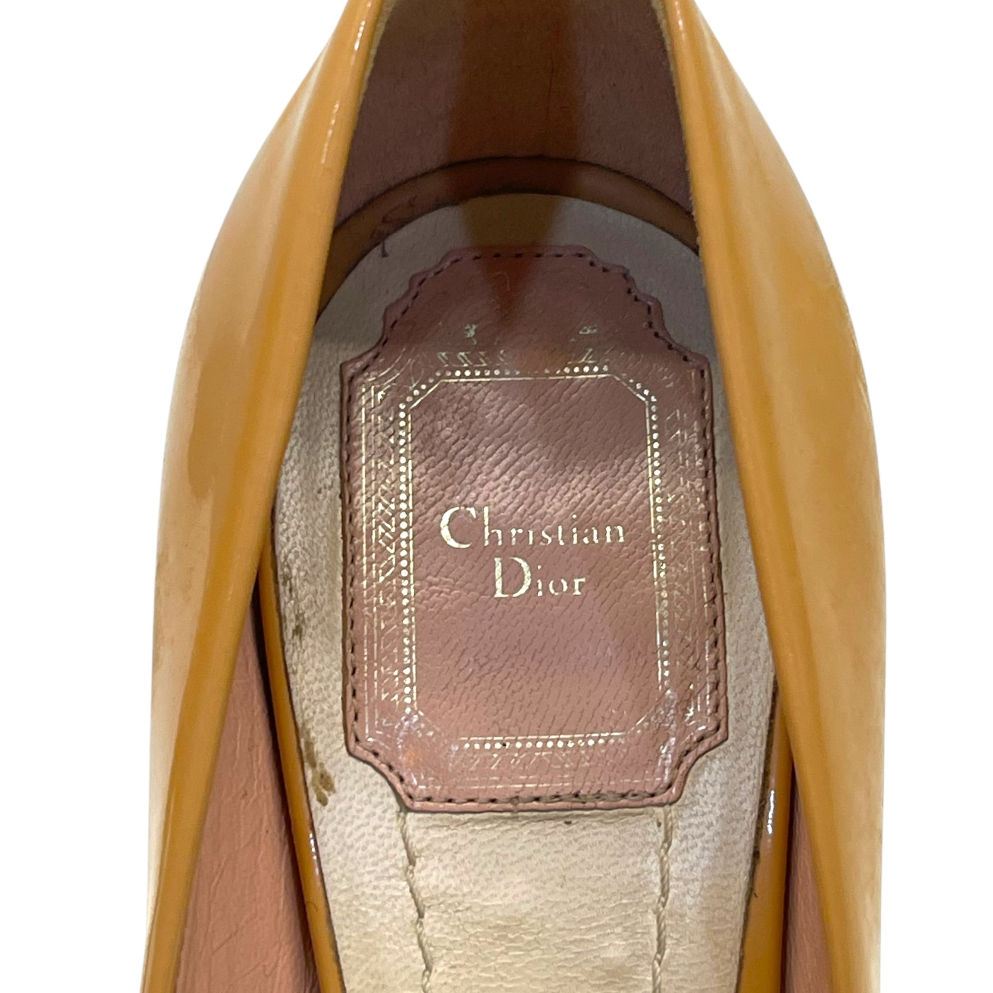 Christian Dior Peep Toe Platform Pumps Beige Patent Leather EU 38