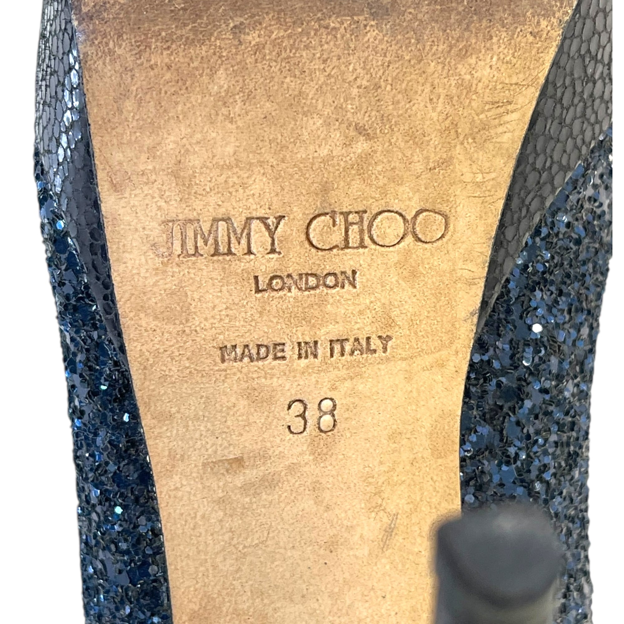 Jimmy Choo Dahlia Peep Toe Platform Pumps Blue/Black Coarse Glitter EU 38