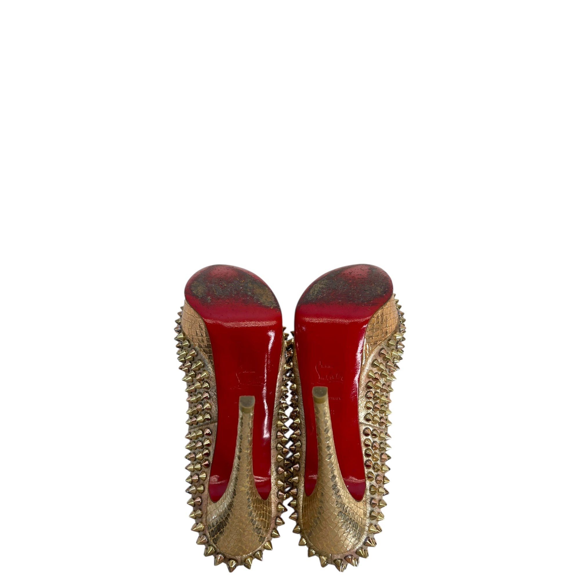 Christian Louboutin Lady Peep Toe Spikes Gold Python Leather Platform Pumps EU 38