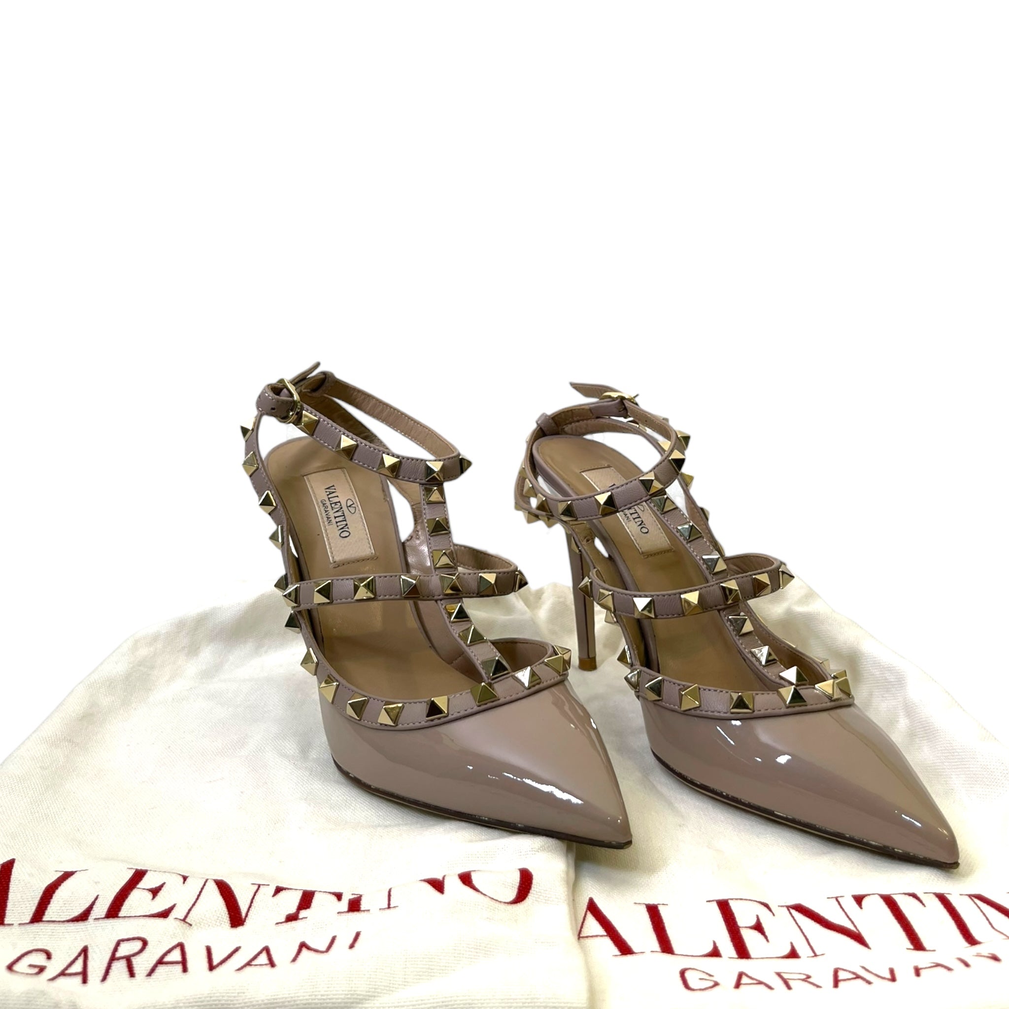 Valentino Beige Patent Leather Rockstud Ankle Strap Sandals EU 37.5