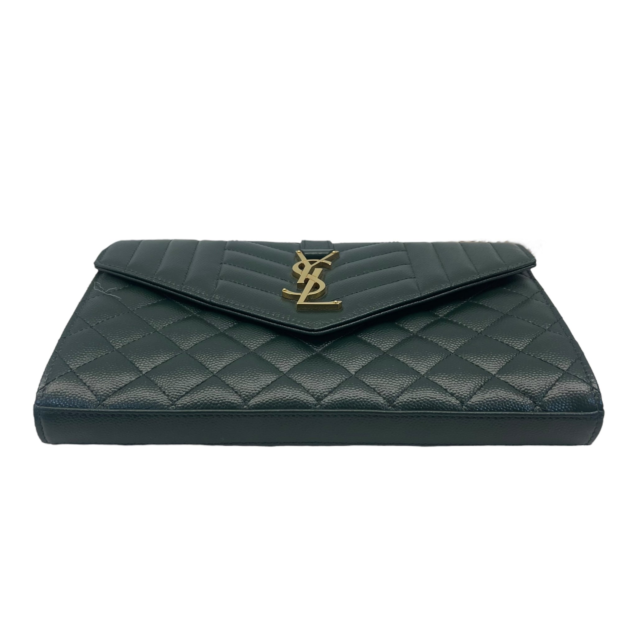 Yves Saint Laurent Dark Green Chevron Quilted Leather Envelope Flap Bag