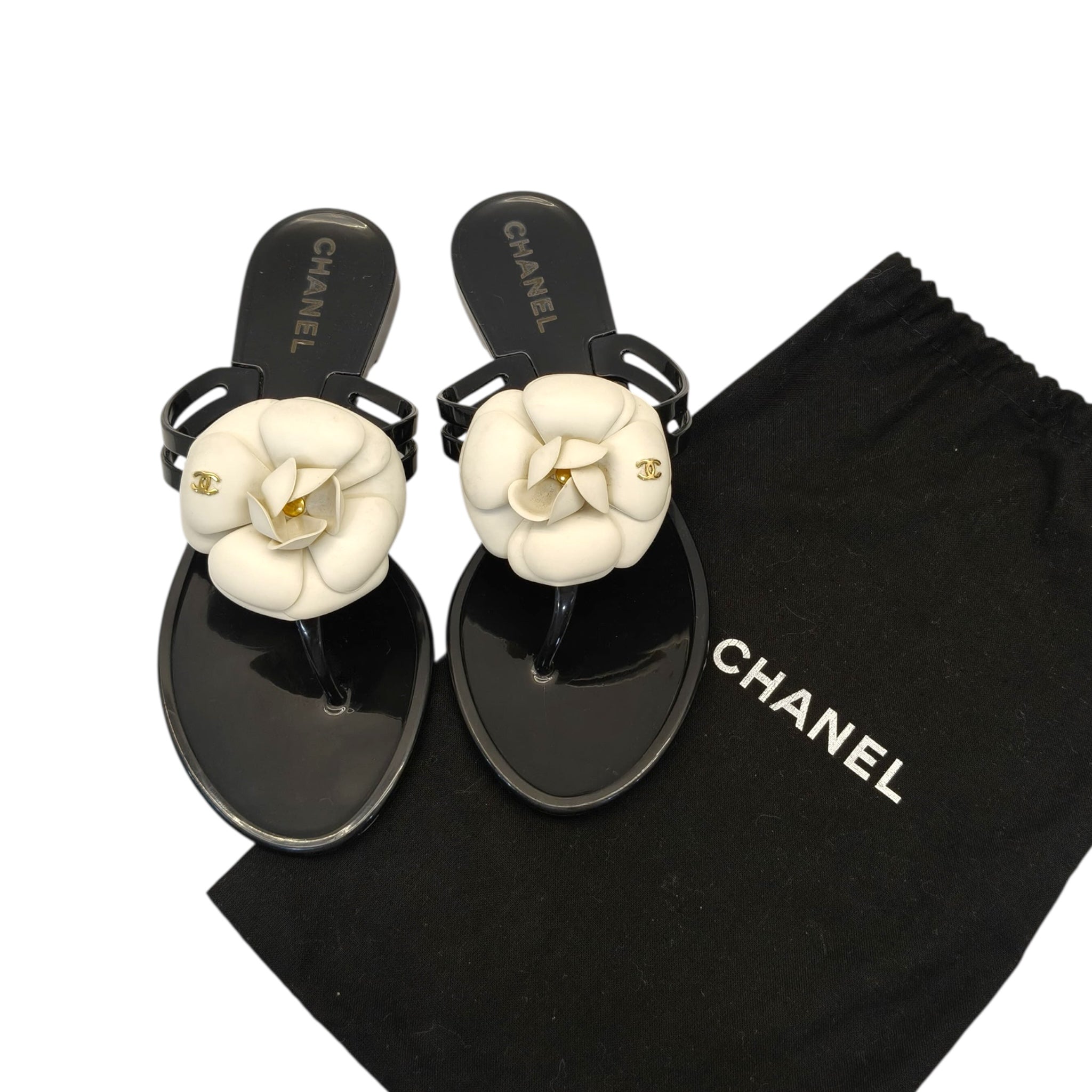 Chanel Cream/Black Jelly Camellia Thong Sandals EU 36
