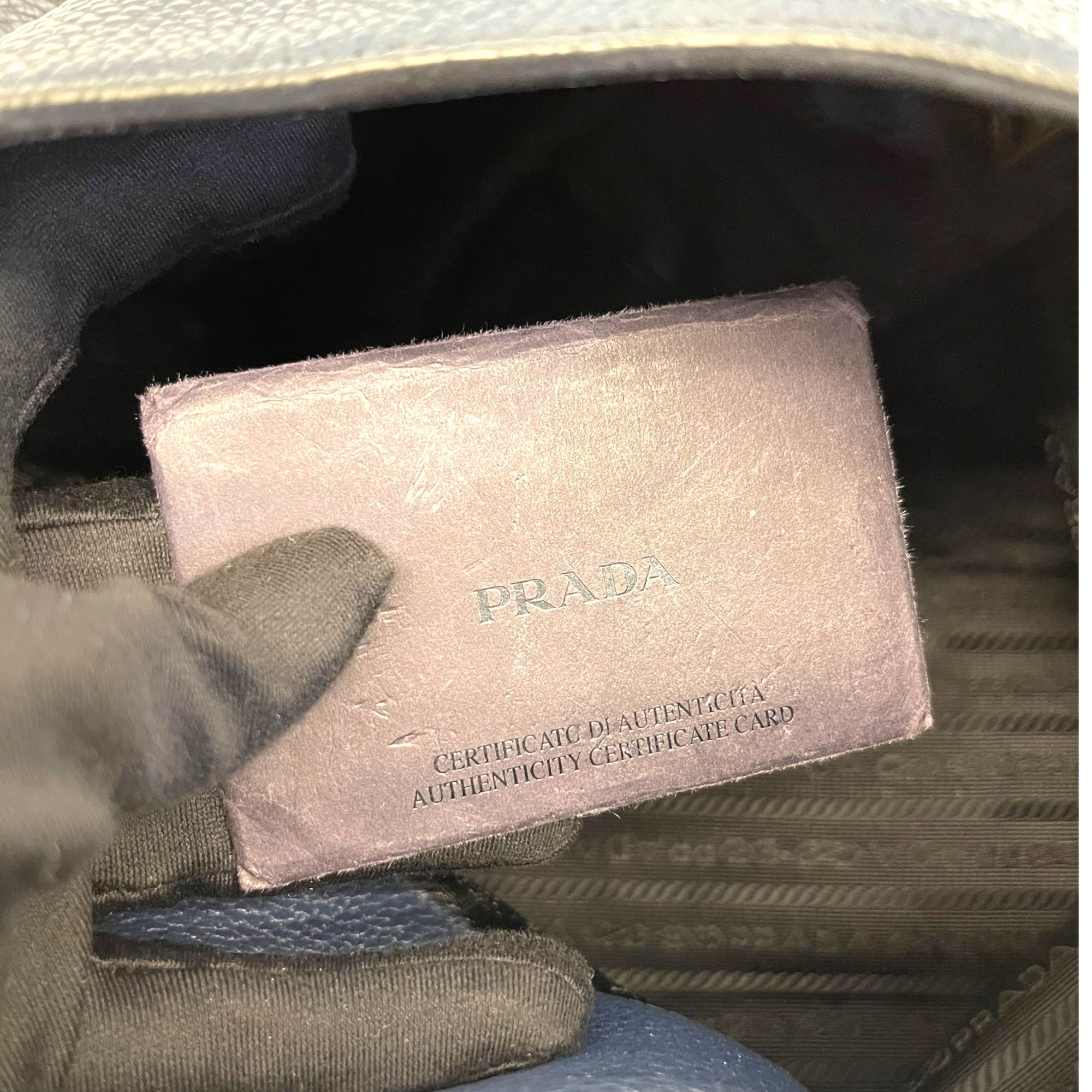 Prada Vitello Phenix Blue Leather Embossed Logo Hobo Tote Bag