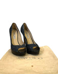 Jimmy Choo Dahlia Peep Toe Platform Pumps Blue/Black Coarse Glitter EU 38