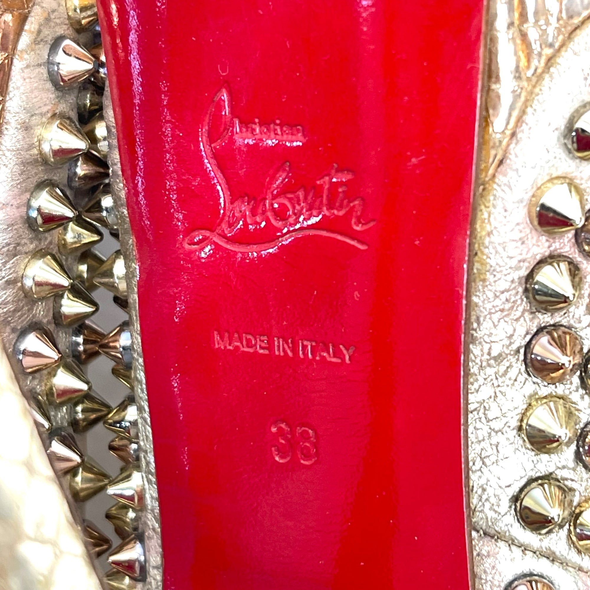 Christian Louboutin Lady Peep Toe Spikes Gold Python Leather Platform Pumps EU 38