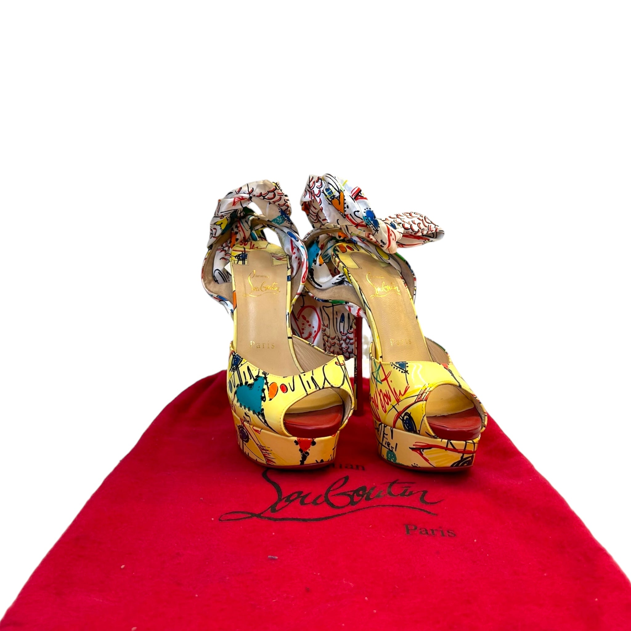 Christian Louboutin Multicolor and Satin Jersey Vamp Graffiti Platform Pumps EU 38.5