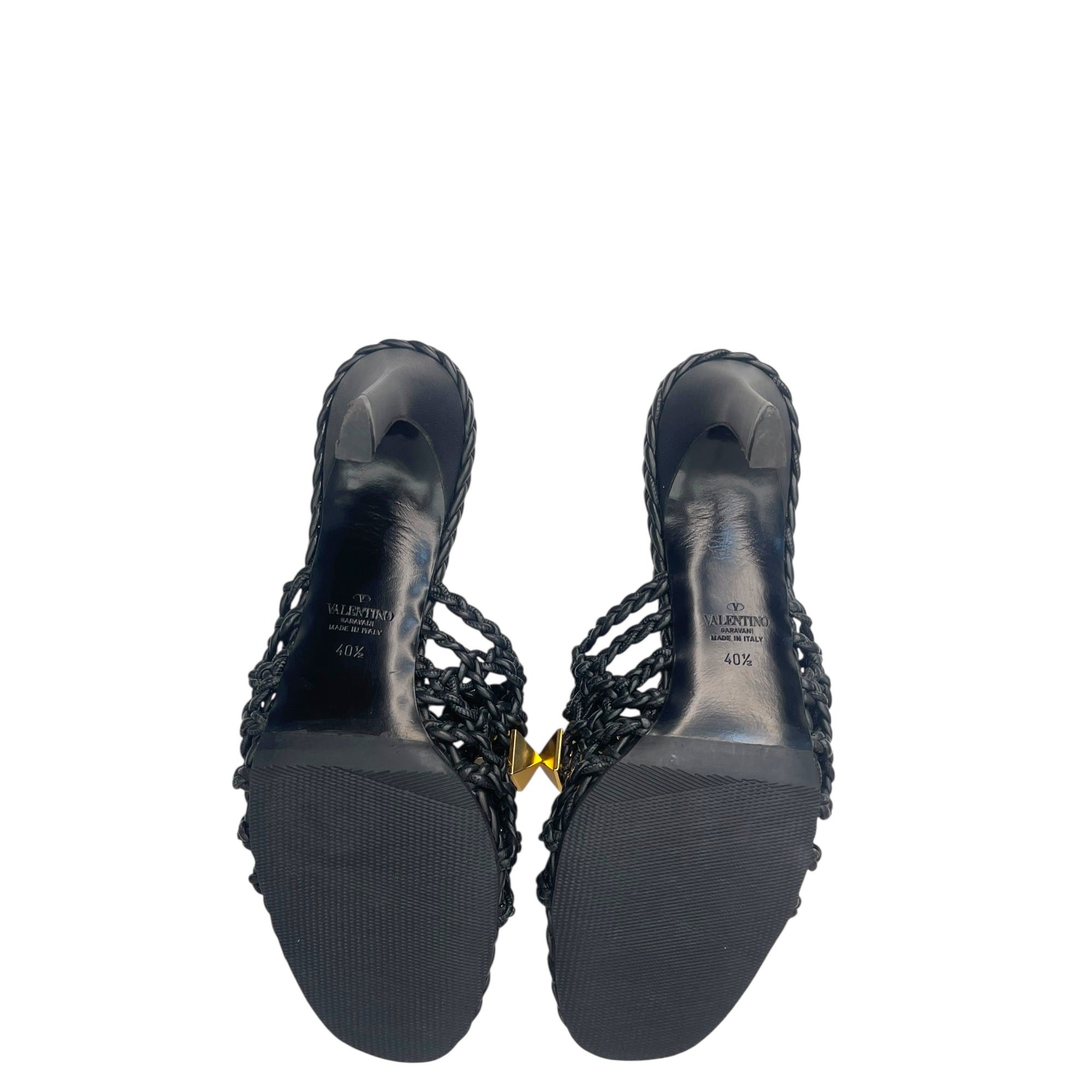 Valentino Garavani Black Braided Roman Stud Slide Sandals EU 40.5