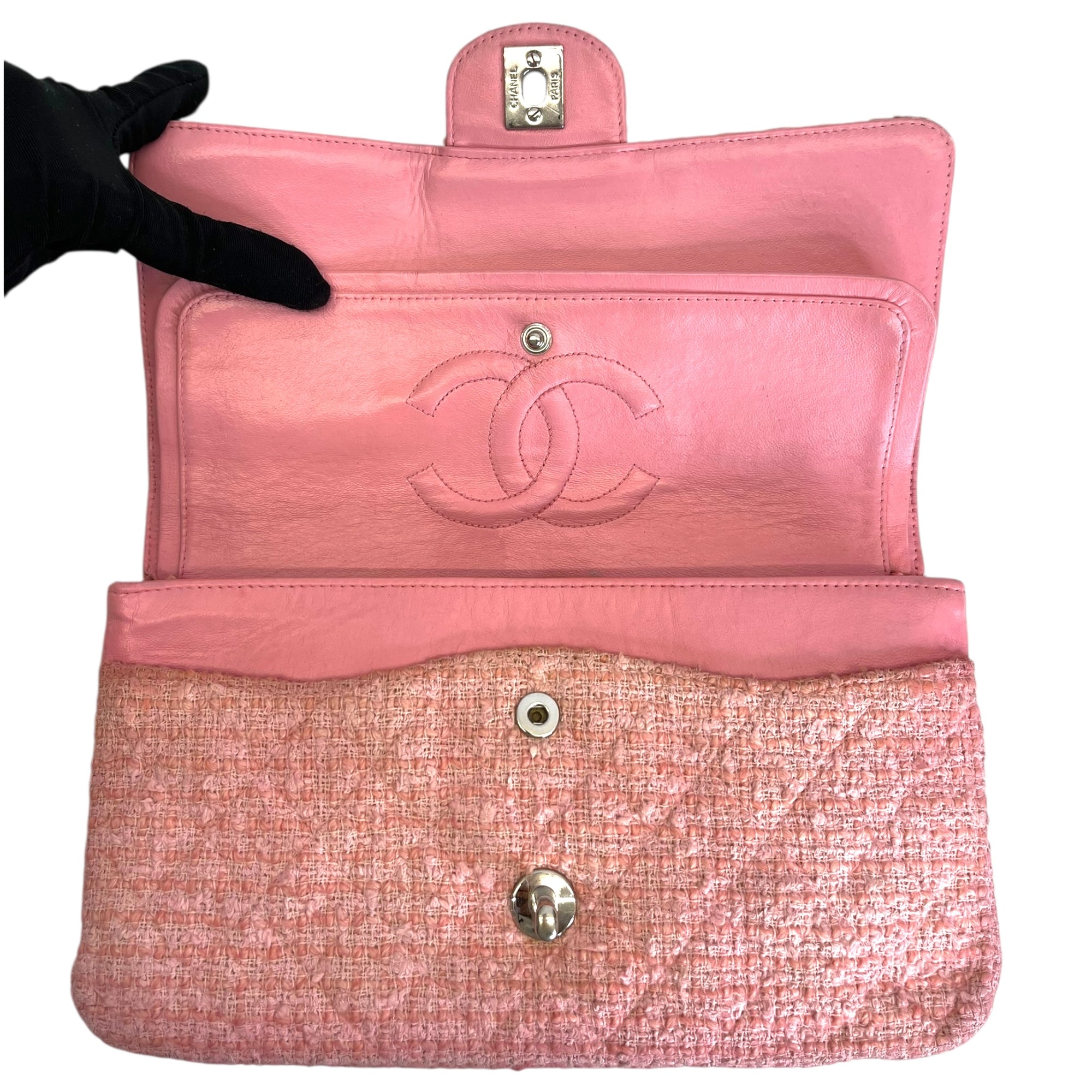 Chanel Classic Double Flap Pink Tweed Shoulder Bag