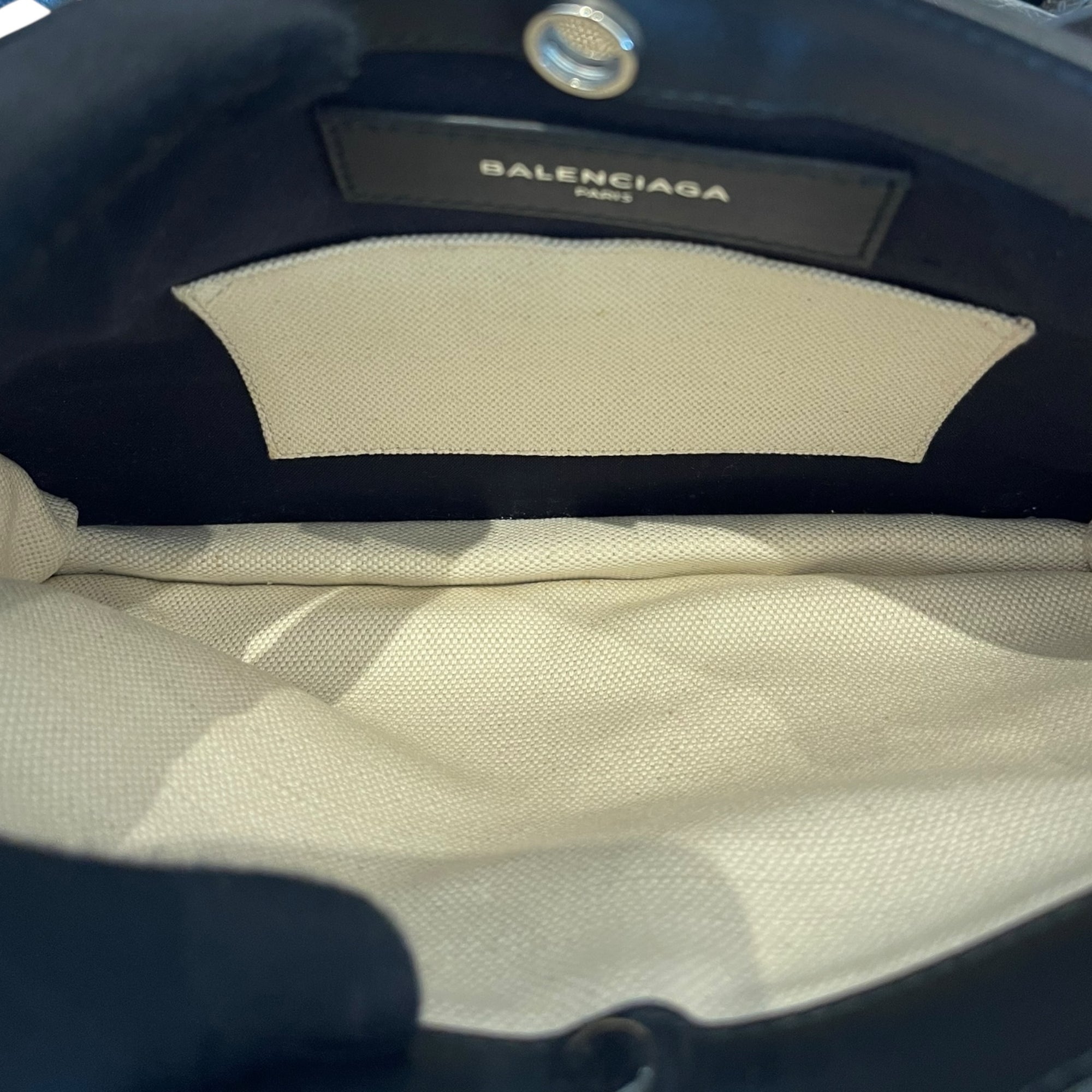 Balenciaga Navy Pochette Bag Beige Canvas/Black Leather Trim